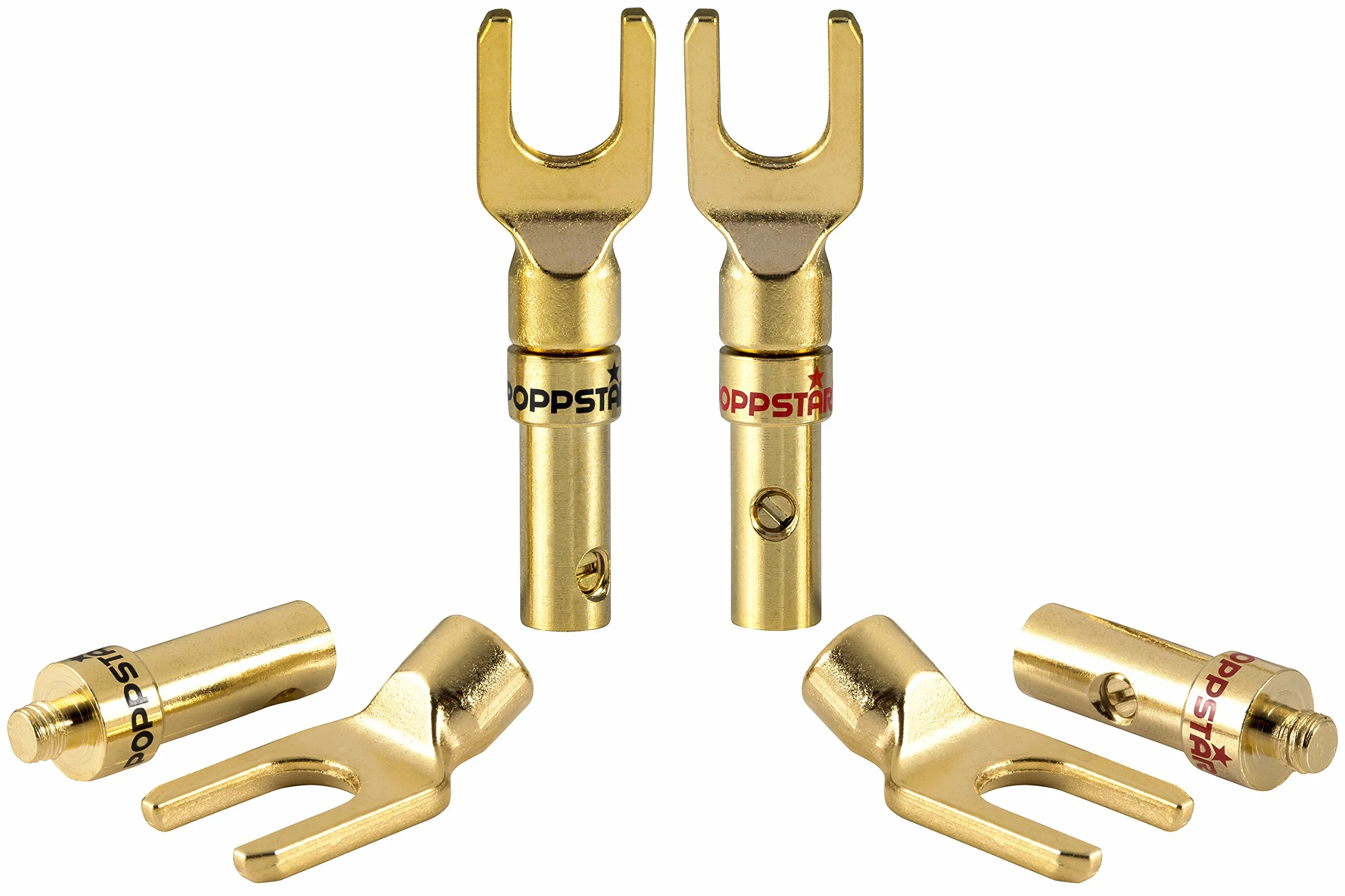 Poppstar 8 końcówek kablowych high end, wtyki widełkowe do elektrycznego połączenia kabli głośnikowych o przekroju maks. 4mm², pozłacanych 24k