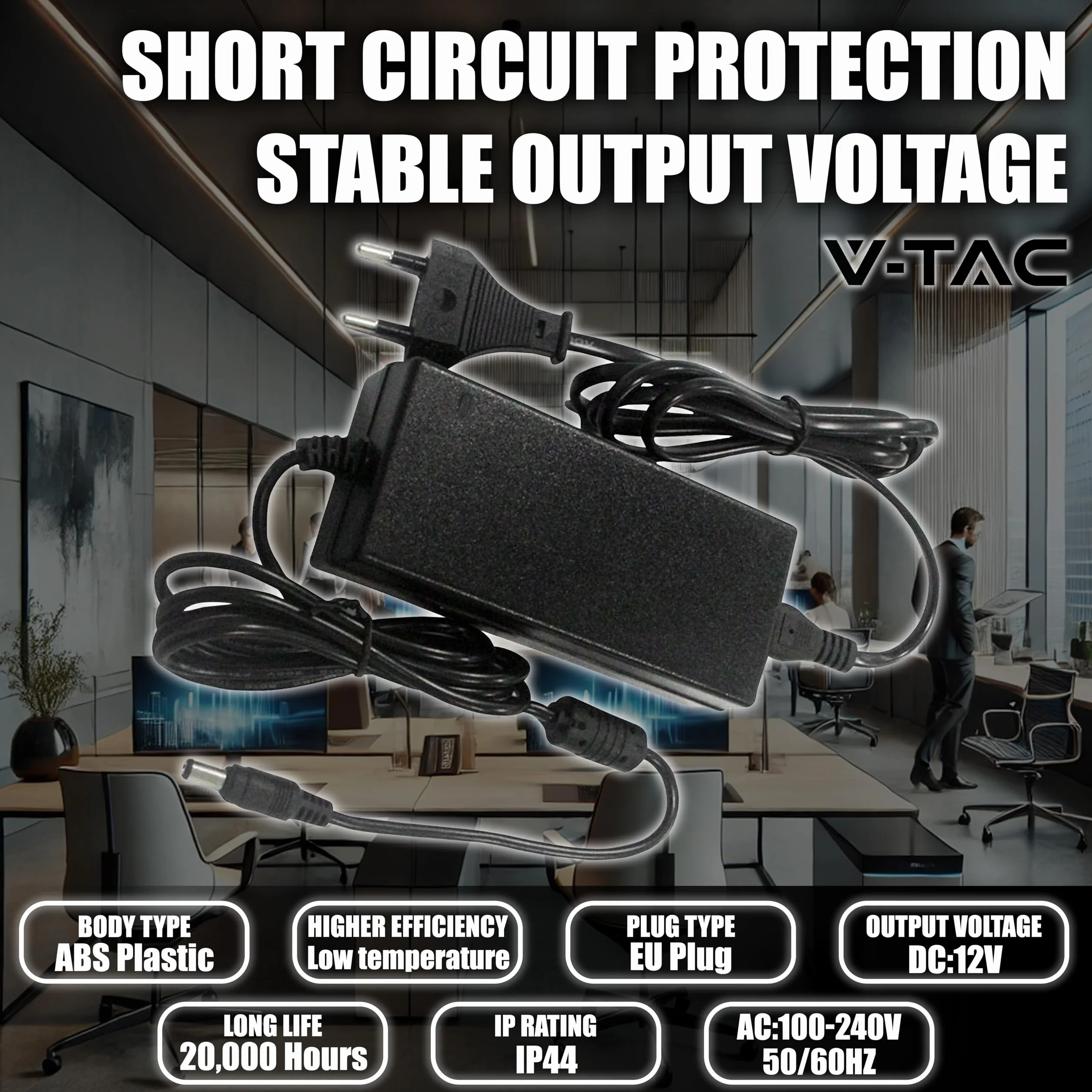 V-TAC Zasilacz 12 V 78 W 6,5 A z gniazdem 2.1 do kamer, taśmy LED, modem - transformator 12 V Plug&Play z wtyczką do domu do ekranów, urządzeń elektronicznych - Wejście AC 100-240 V