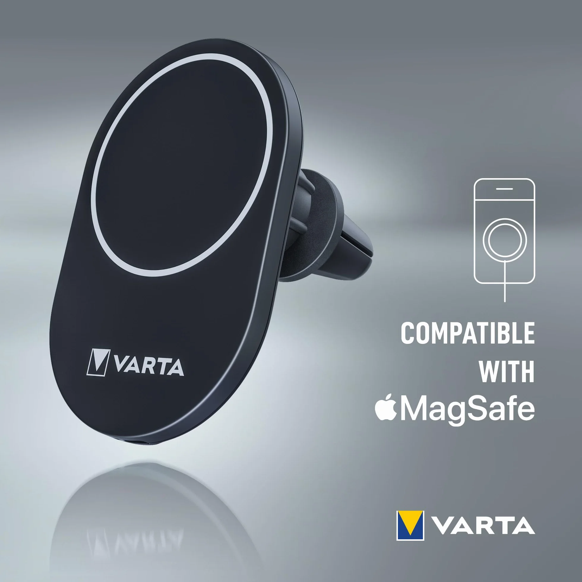 VARTA Mag Pro bezprzewodowa ładowarka samochodowa 15 W (uchwyt na smartfon i bezprzewodowa ładowarka w jednym, kompatybilna z MagSafe, kompatybilna z Qi) z uchwytem samochodowym i kablem USB typu C