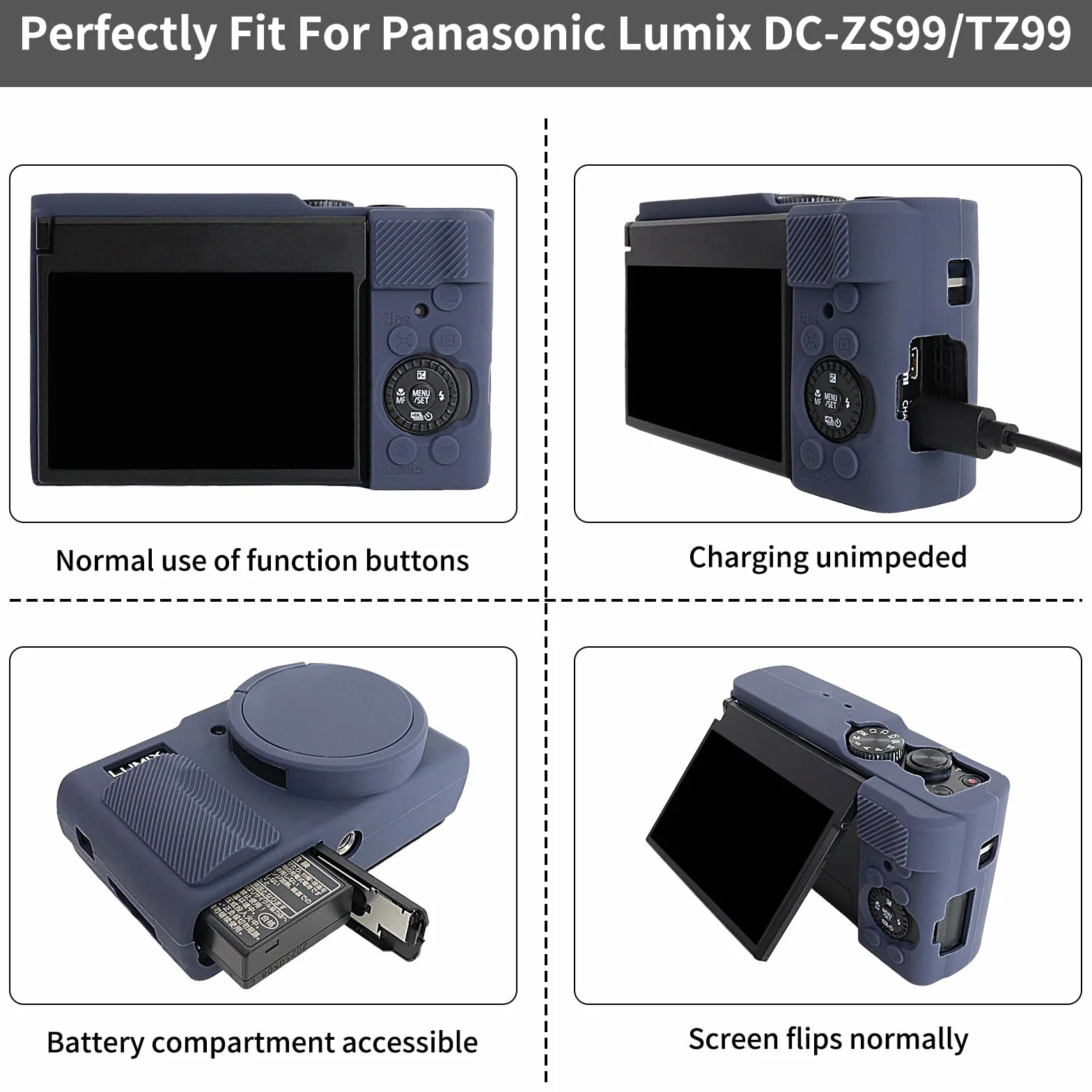 Rieibi Silikonowe etui do aparatu Panasonic Lumix ZS99/TZ99, akcesoria do Panasonic Lumix DC-ZS99/TZ99 z 2 szt. ochraniaczy ekranu, odpinana osłona obiektywu, granatowe