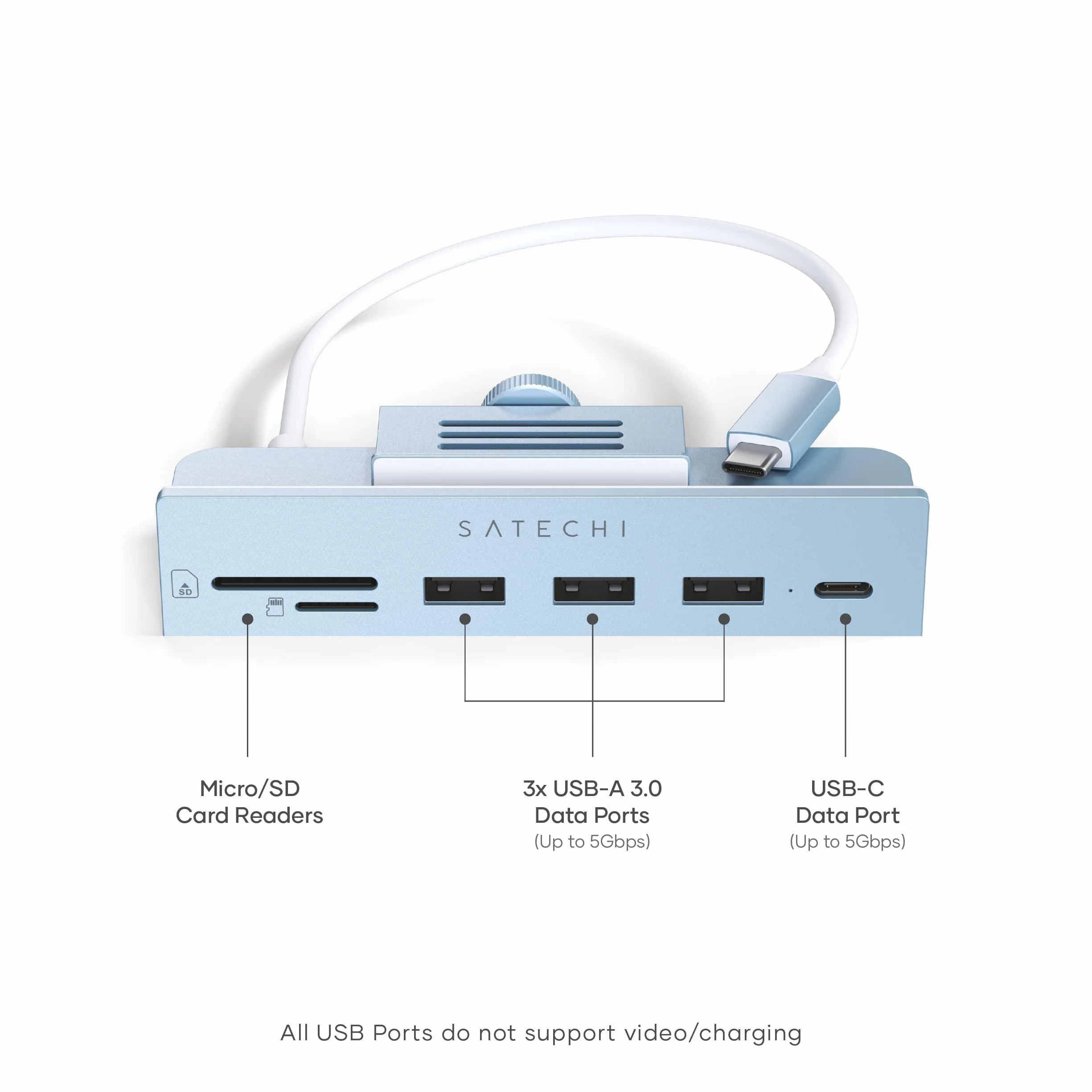 SATECHI hub USB-C do 24-calowego iMaca i Studio Display, niebieski | Port USB-C do danych, 3 porty USB-A i czytniki SD/microSD; niezgodny z modelami iMac z 2020 roku i starszymi