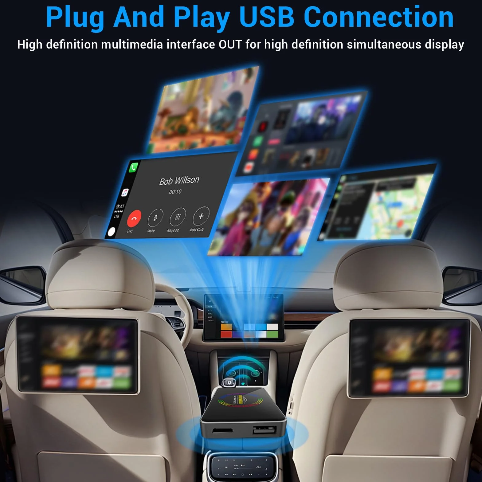 Cocoarm Bezprzewodowy Samochodowy Adapter Wideo Dongle Samochodowy Adapter WiFi WiFi ze Stopu Aluminium Obsługa 4K Bluetooth 5.0 12 dla IOS Kierowcy i Pasażerowie (2 GB + 16 GB)