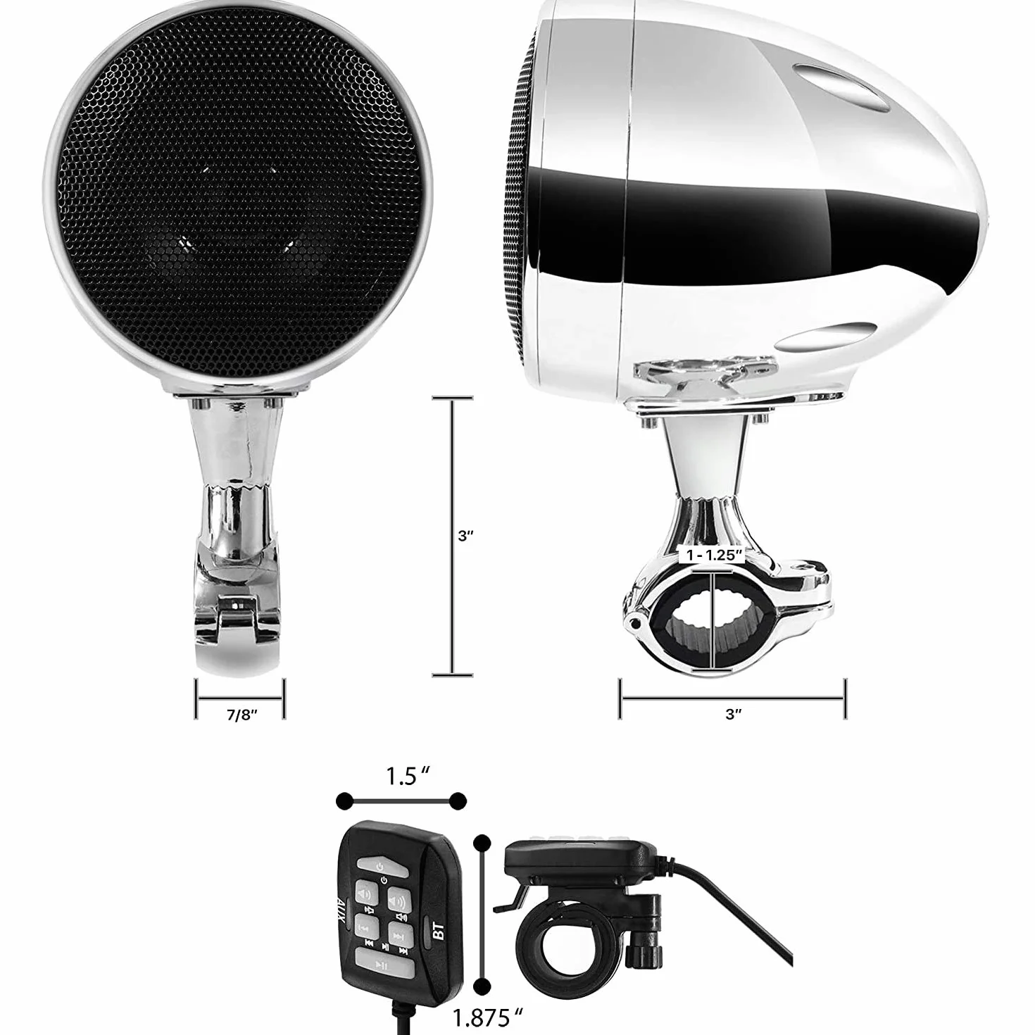 SPK350X 4” Full Range Wodoszczelny motocyklowy głośnik stereo z Bluetooth, z wzmacniaczem i systemem radiowym, do pojazdu typu ATV, RZR, UTV, quada, 4-kołowca (chromowany, kratka)