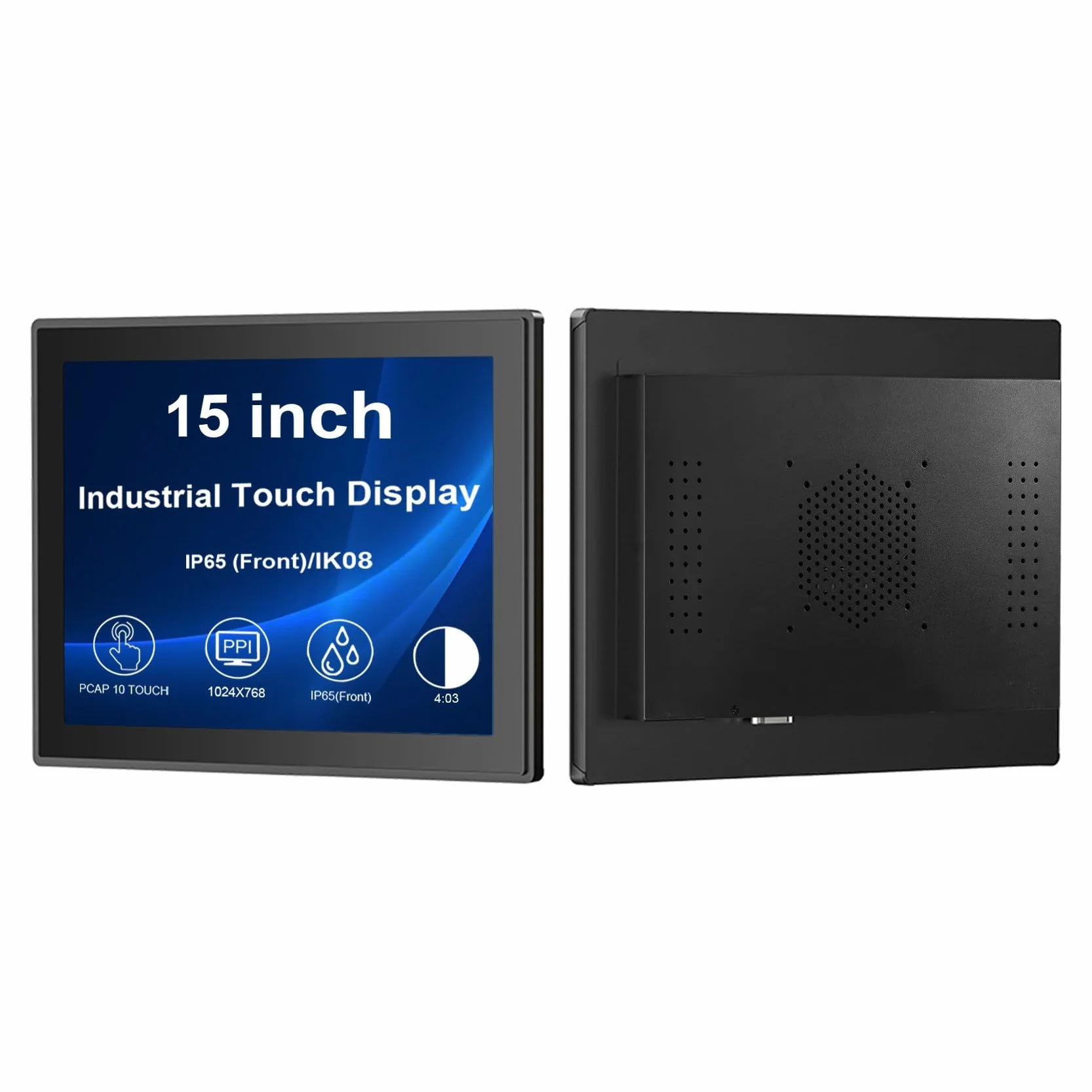 VSDISPLAY Przemysłowy ekran dotykowy 15", 1024 x 768, 350 nitów, przód IP65, 10-punktowy dotyk, duży zakres temperatur, obudowa ze stopu aluminium