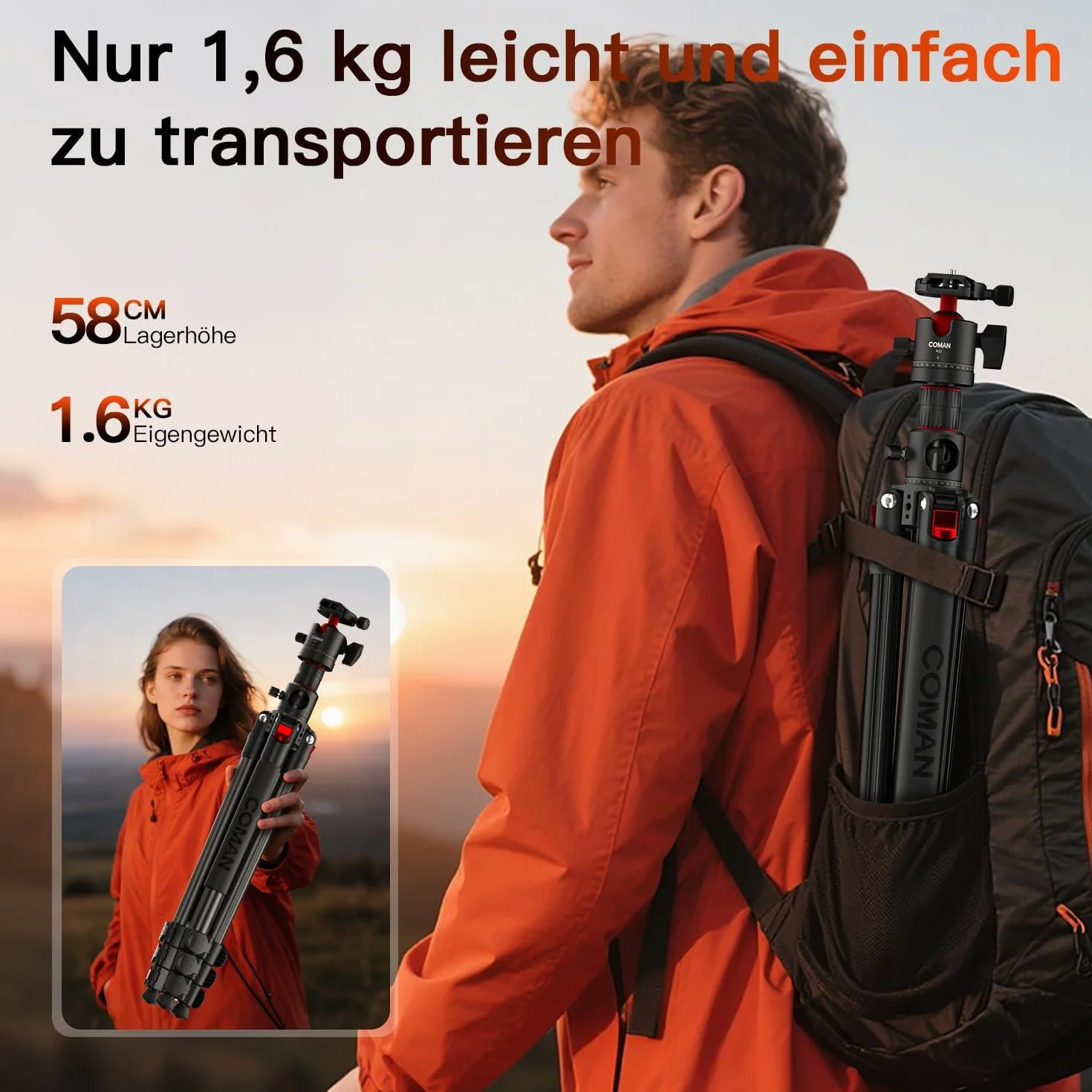 COMAN Statywy trójnożne 183 cm nad kolumną środkową, głowicą kulową 360°, płytą szybkiego montażu Arca i maksymalną nośność 5 kg. Nadaje się do aparatów fotograficznych i lustrzanek.