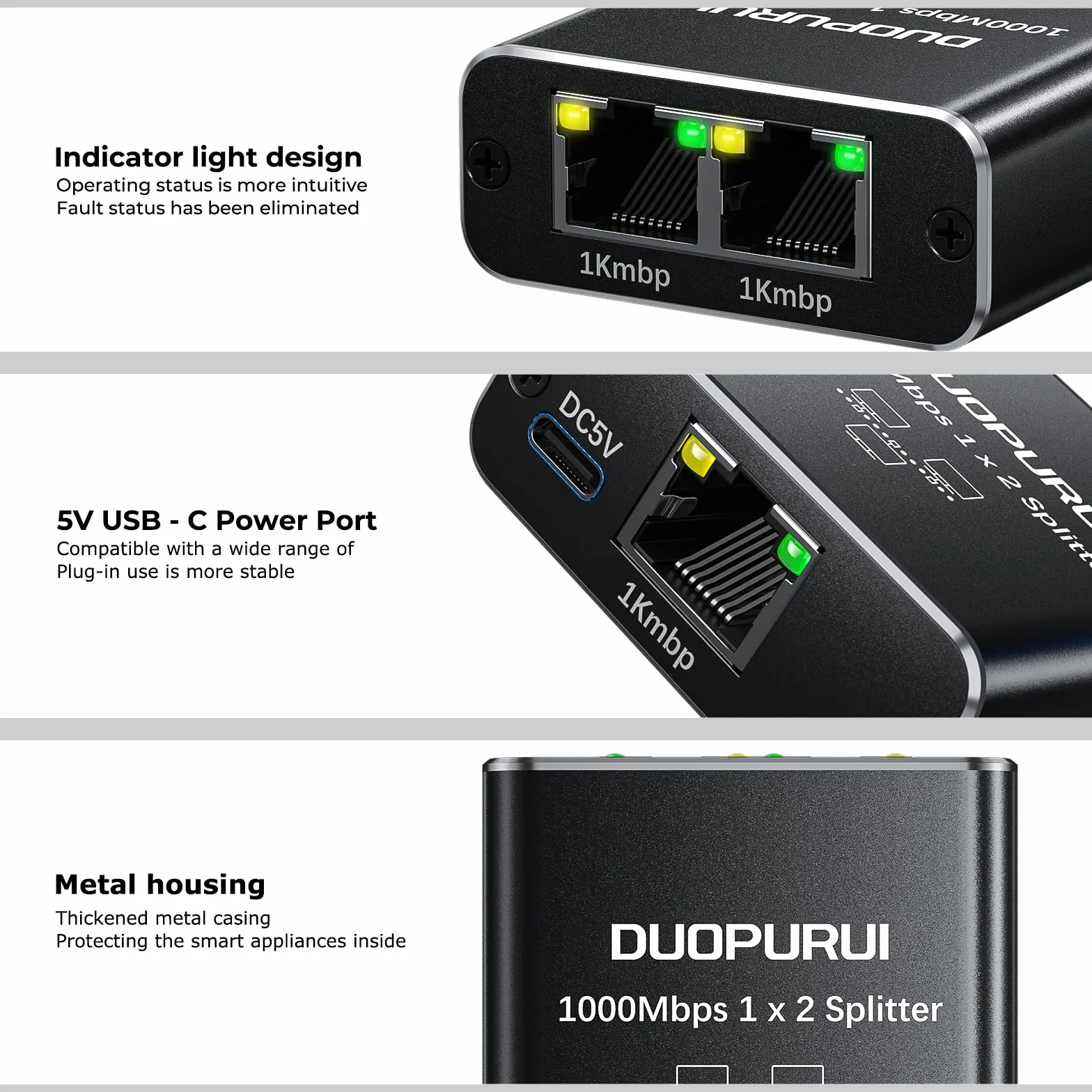 Rozdzielacz Ethernet 1 do 2 1000 Mb/s szybki rozdzielacz sieciowy, rozdzielacz LAN, 2 porty z kablem zasilającym USB, do kabla Cat 5/5e/6/7/8 [2 urządzenia jednoczesne połączenie sieciowe