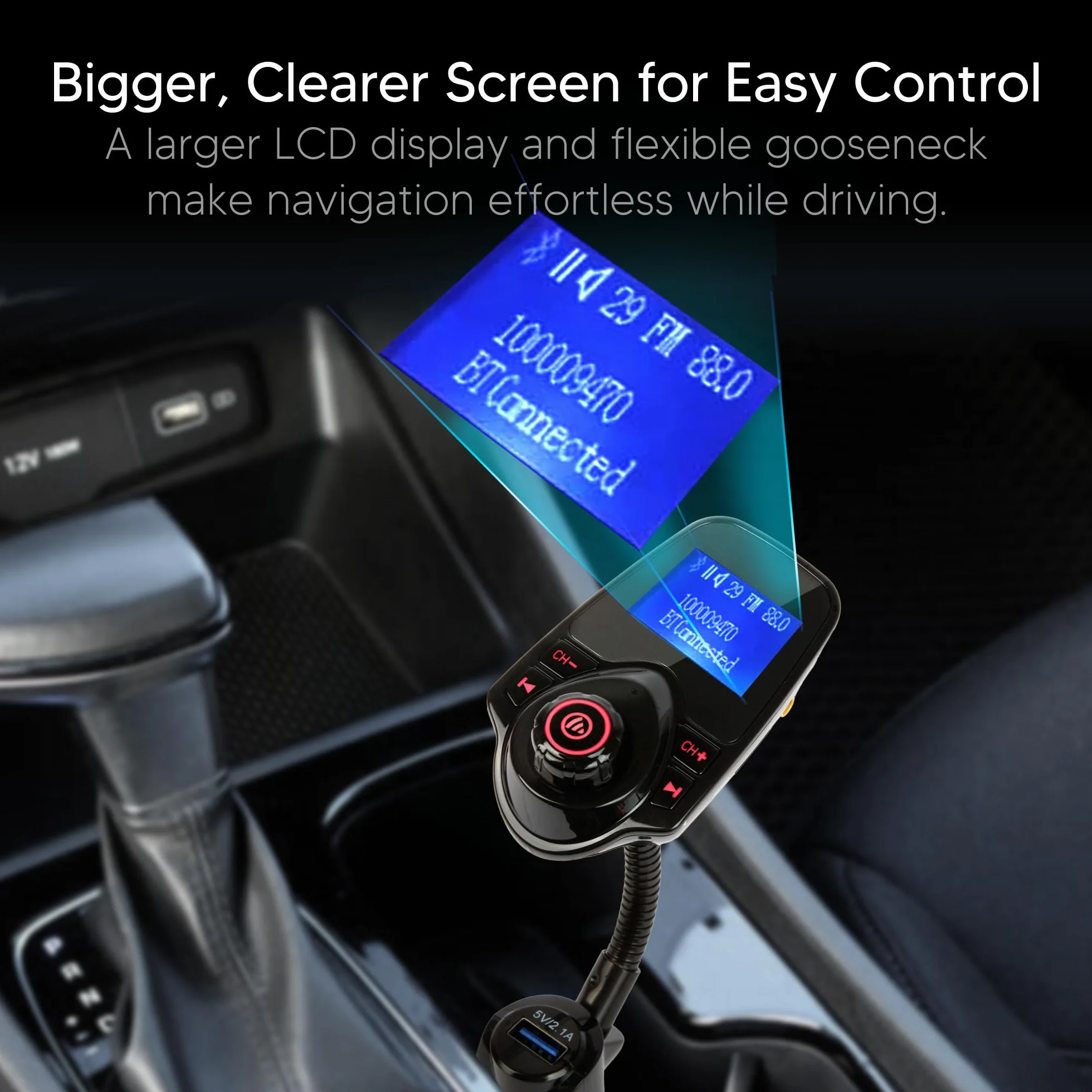 ONN Upgraded 2025 Car Bluetooth FM Transmitter – 1.44" Display, Flexible Gooseneck, Hands-Free Calls, Wireless Music Player, Radio Adapter, USB Charger, Micro SD Card & AUX Support