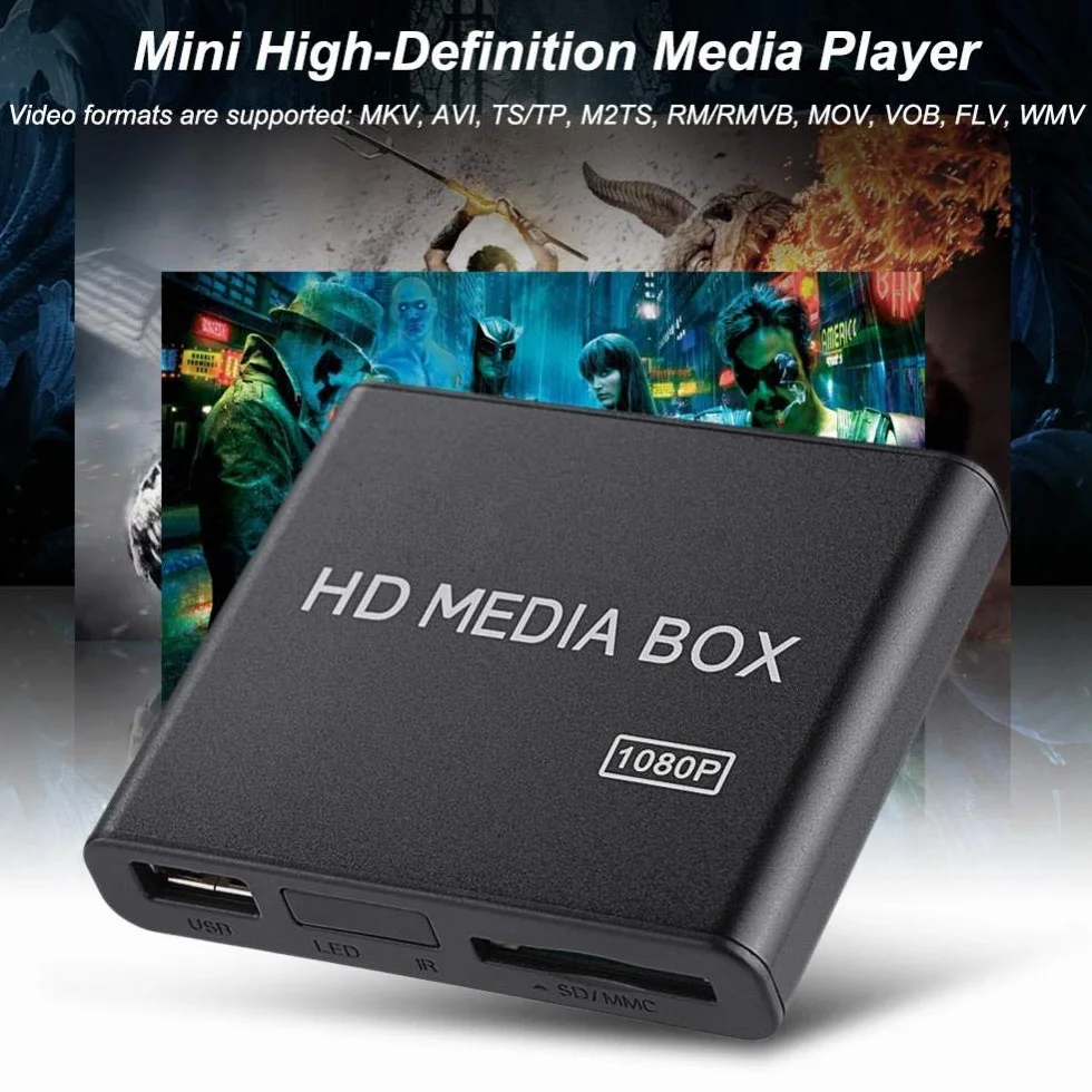 Topiky Odtwarzacz multimedialny HD 1080p, VGA, odtwarzacz multimedialny, obsługa MMC RMVB MP3 AVI MKV, z pilotem zdalnego sterowania, obsługuje karty SD i urządzenia USB (UE)