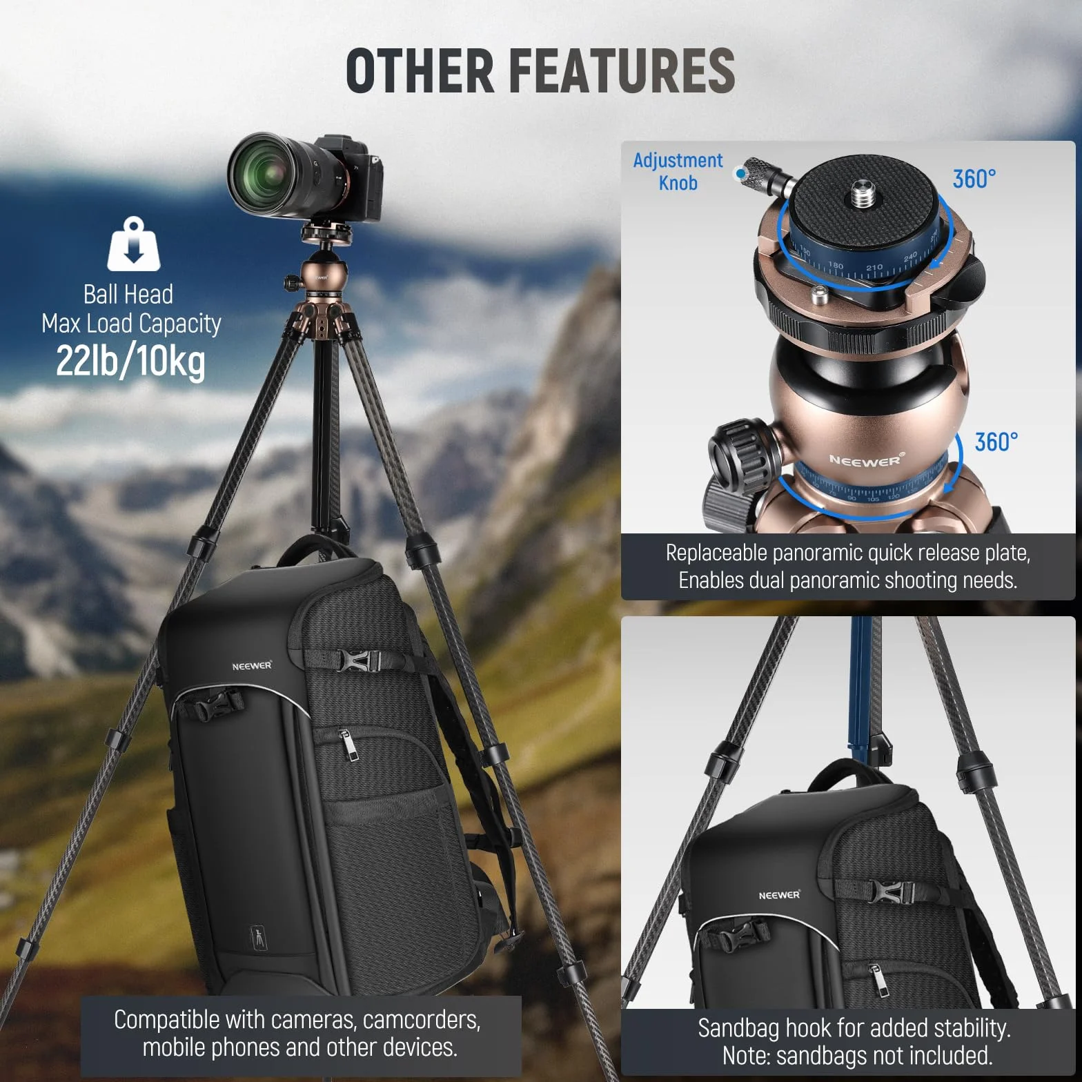 NEEWER LITETRIP LT35 statyw podróżny 155 cm węglowa głowica kulowa niskoprofilowa, płyta Arca kompatybilna z Peak Design V3, oś środkowa, uchwyt z zaciskiem do telefonu komórkowego 2w1, maks. 10 kg