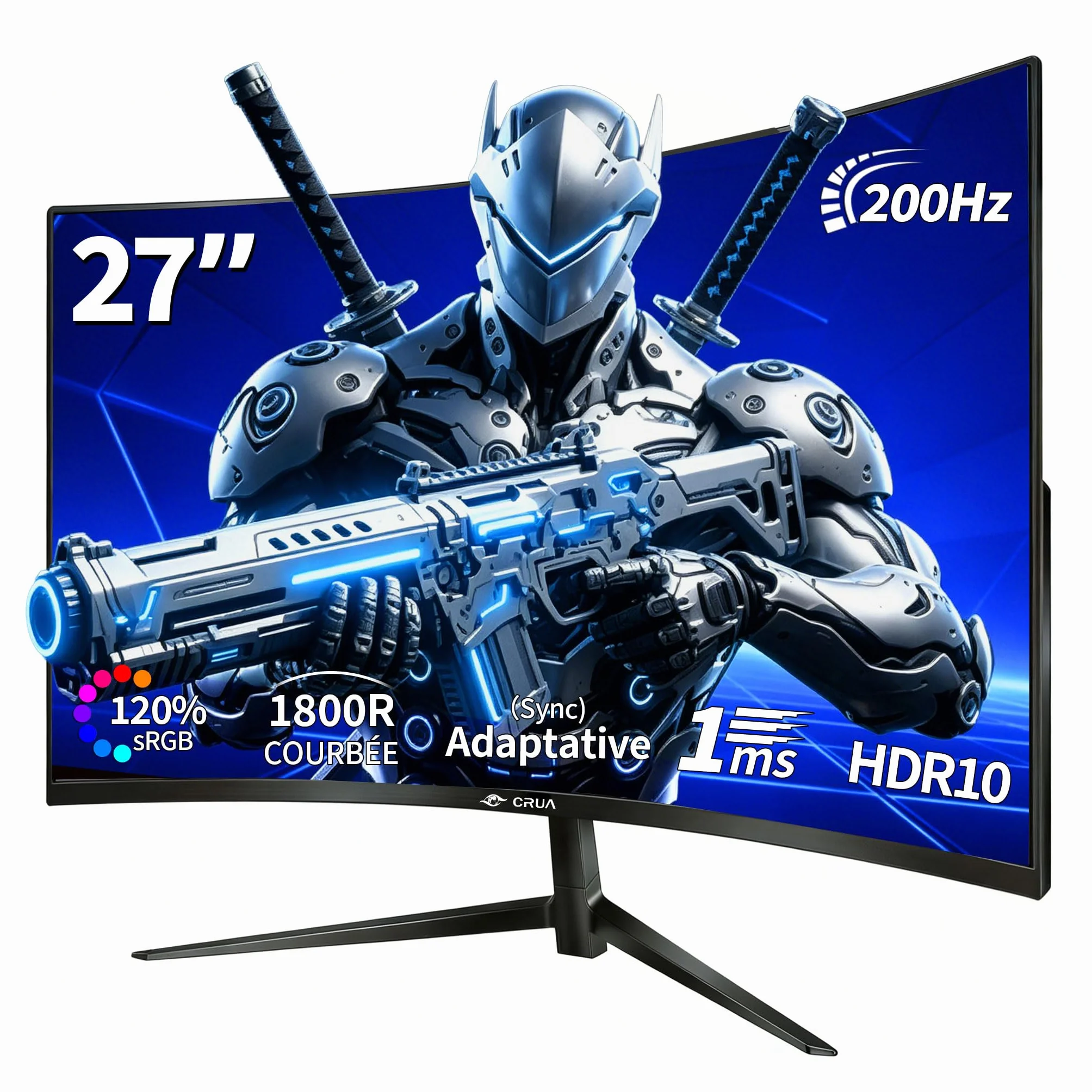 CRUA Zakrzywiony monitor do gier 27 cali 180 Hz/200 Hz, monitor komputerowy FHD 1080P 1800R, 1 ms GTG z FreeSync, niskie rozmycie ruchu, ochrona oczu, VESA, DisplayPort, HDMI,