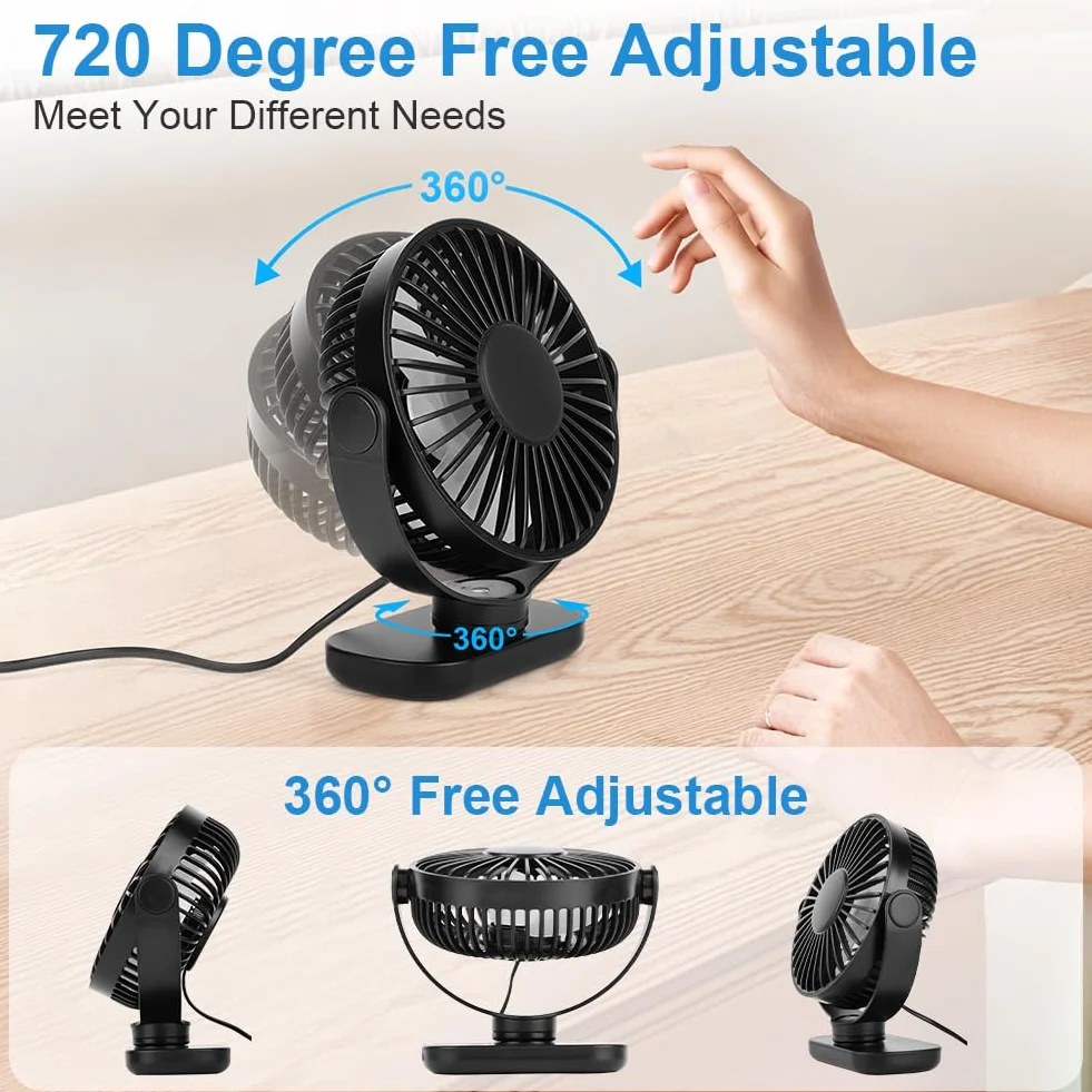 AXFEE Wentylator biurkowy USB, mały chłodzący wentylator stołowy, przenośny, cichy, 3-stopniowy wentylator, obracany o 360°, mocny mini wentylator do biura, sypialni, domu, samochodu (czarny, zasilany
