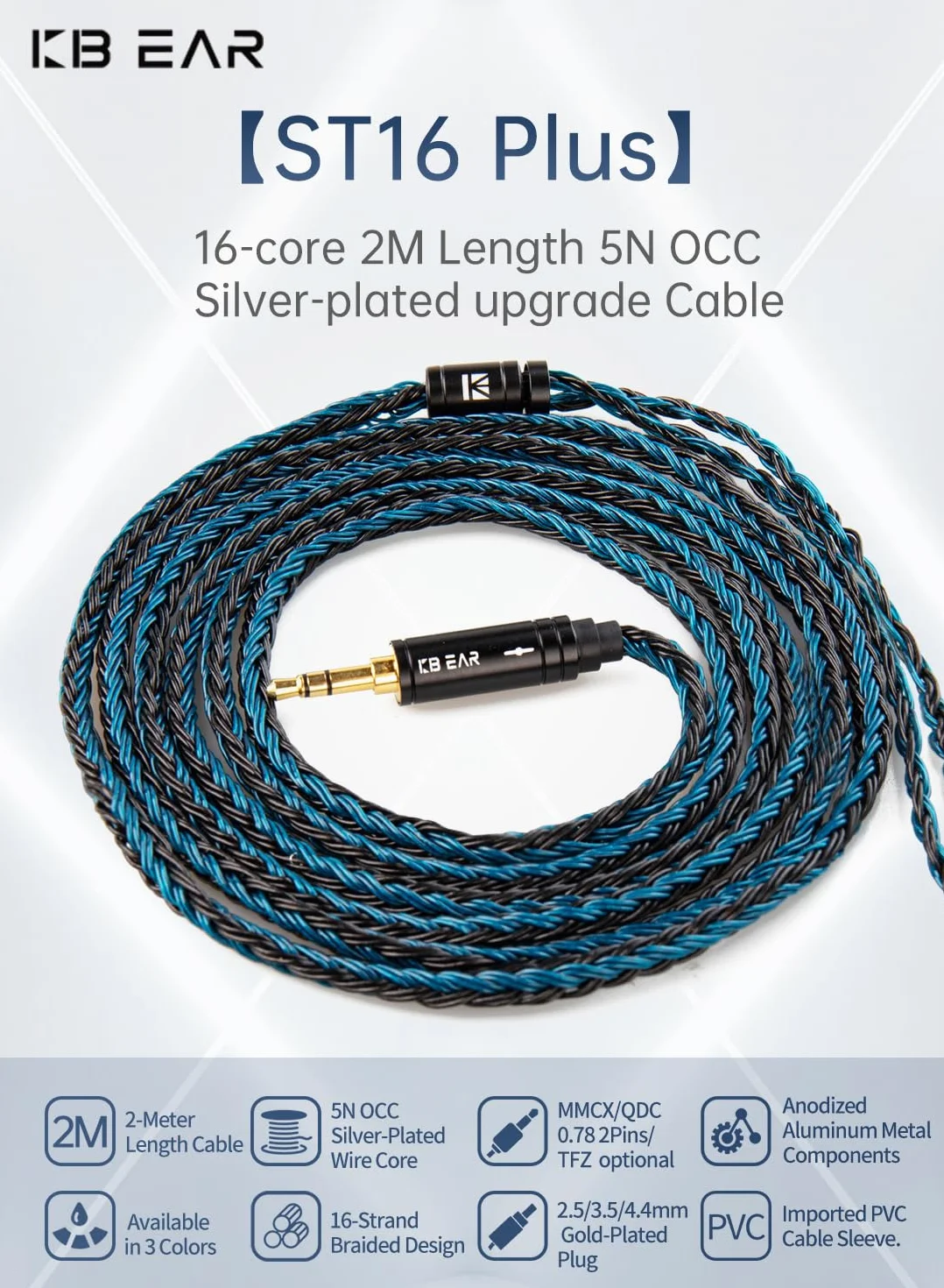 Yinyoo KBEAR 200 cm kabel IEM 2 pin, anodowane aluminium metalowe komponenty, słuchawki douszne kabel do KZ ZST/ AS10/ ES4/ ZS10/ AS06/ AS10/ ZST-X/EDX/Aria/Aria SE/KXXS