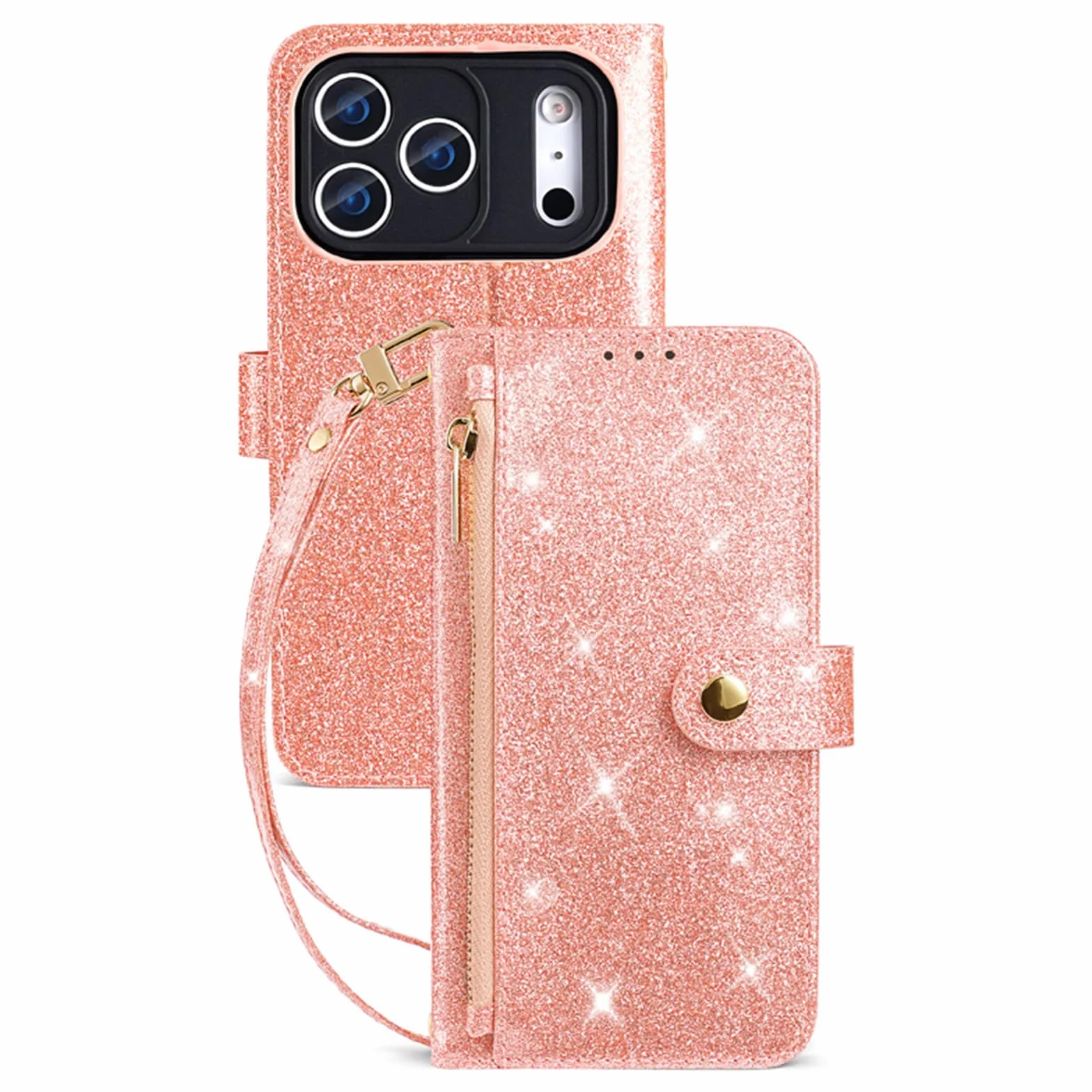 Etui z klapką do iPhone 17 Pro Max/17 Pro/17 Air/17, luksusowy brokat skórzany pokrowiec na portfel z kieszeniami na karty, różowy, 17 ProMax