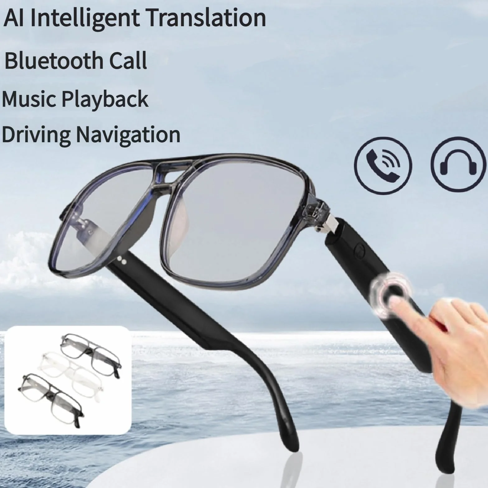 Inteligentne okulary przeciwsłoneczne Bluetooth Okulary rozszerzonej rzeczywistości z aparatem Rób zdjęcia Nagrywaj filmy, tłumaczenie AI Rozpoznawanie,Transparent-Glasses