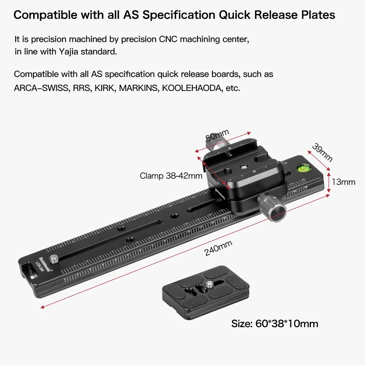 Koolehaoda 240 mm szyna węzłowa prowadnica metalowa Arca-Swiss Quick Release Plate Clamp, podwójny uchwyt kamery jaskółczy ogon uchwyt do aparatu DSLR statyw monopod głowica kulowa fotografia makro | Aluminiowa płyta szybkiego zwalniania CNC z poziomicą,
