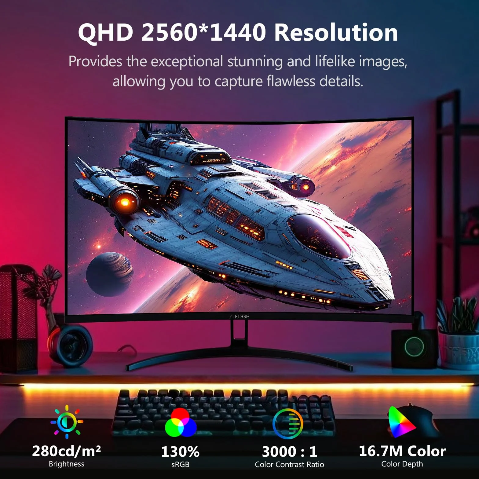 Z-Edge 32-calowy zakrzywiony monitor do gier PC 2K QHD (2560x1440), 1ms, 170 Hz, FreeSync, Regulowane nachylenie, 1500R VA, 2×DP1.4 &2×HDMI2.0, 3000:1, RGB, VESA 75 * 75mm (kabel HDMI w zestawie)
