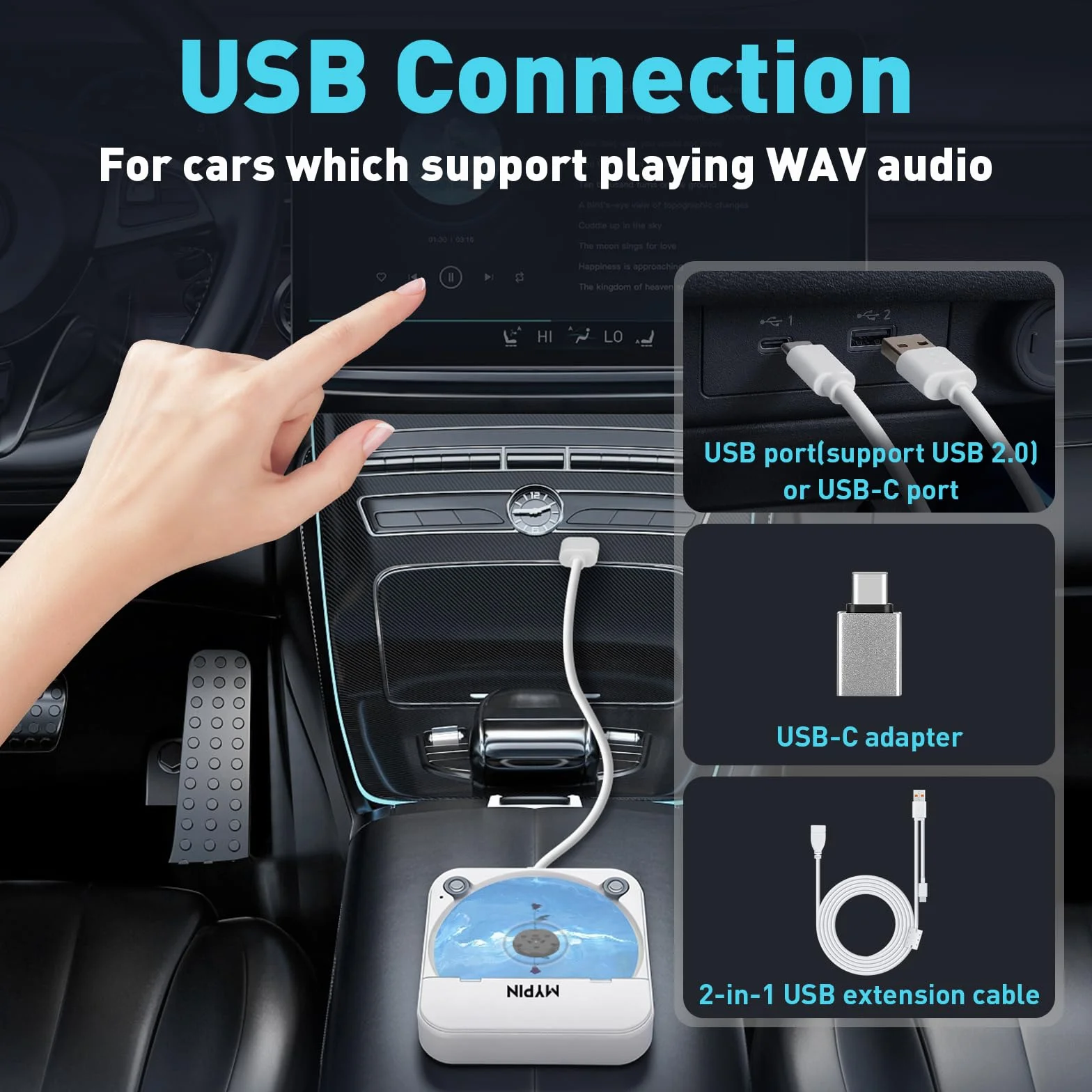 Przenośny samochodowy odtwarzacz CD ze złączem USB/AUX, MYPIN zewnętrzny odtwarzacz CD, kompatybilny z radiem samochodowym, laptopem, telewizorem, komputerem, uniwersalny do pojazdów, obsługuje płyty