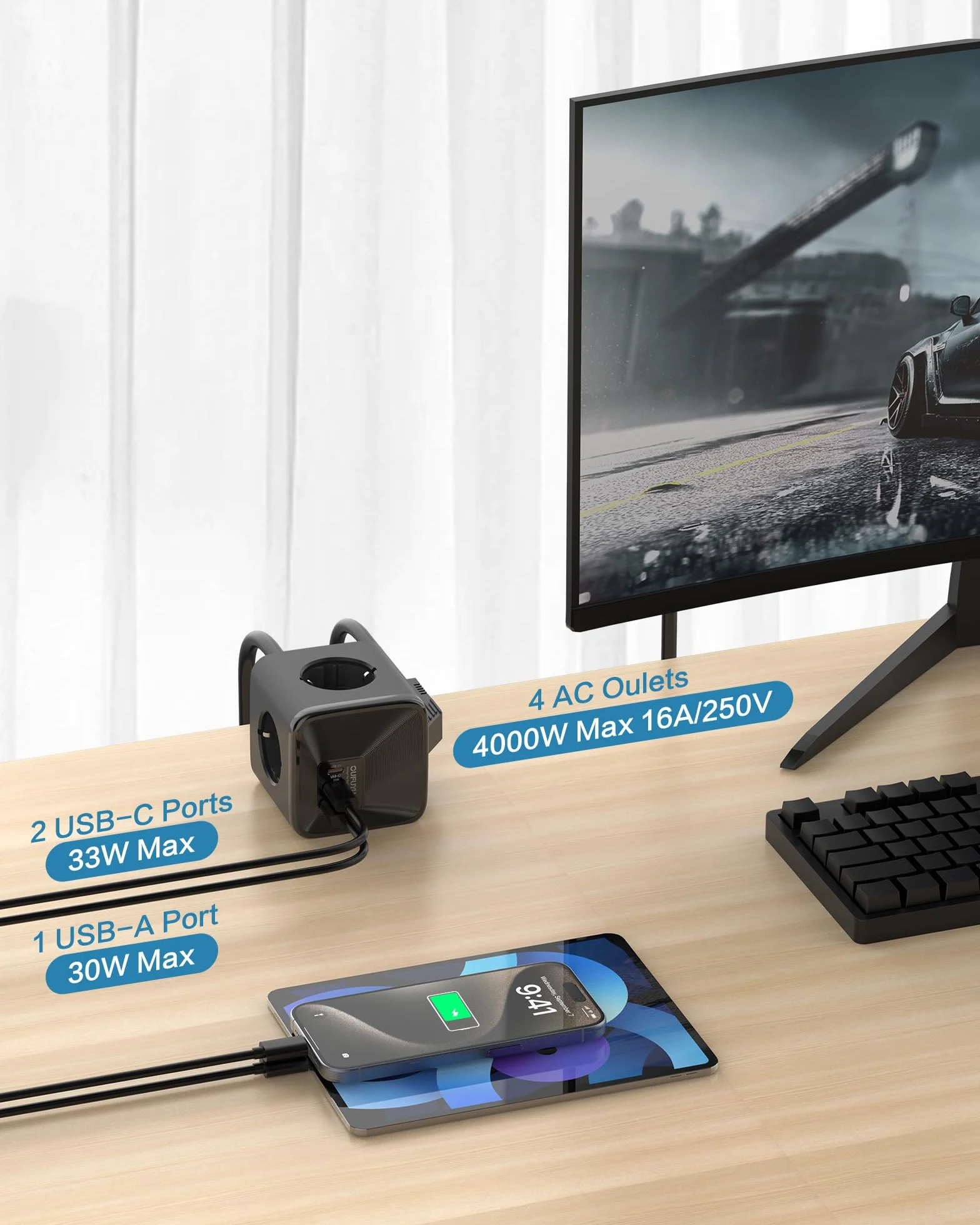 Listwa zasilająca z 4 gniazdami 4000 W, 2 USB C i 1 USB A 30 W, szybka ładowarka do MacBooka, iPada, iPhone'a 16/15/14/13/12, Galaxy S24, drukarka, dom, biuro, kabel o długości 1,5 m
