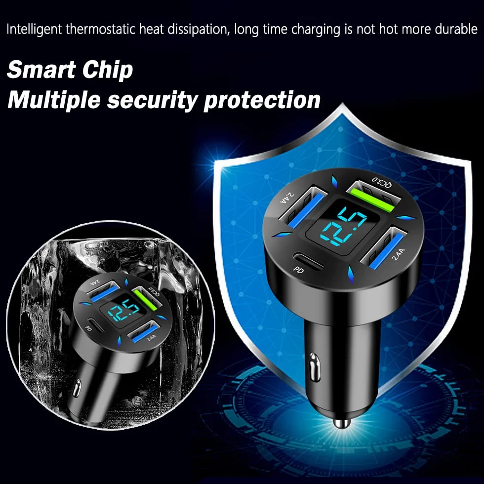 2 szt., 4 porty USB ładowarka samochodowa adapter USB z woltomierziem, port typu C PD 3.1/QC 3.0, super szybkie ładowanie, wtyczka zapalniczki samochodowej do iPhone'a 14, 13, 12, S22, S21, S20, iPada