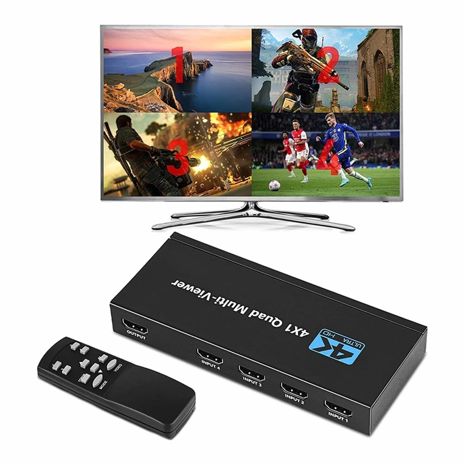 4K Quad Multi-viewer Segmentacja ekranu 4x1 Wieloekranowy przełącznik bezproblemowy Multiplekser wideo Lewy Prawy Podwójny wyświetlacz