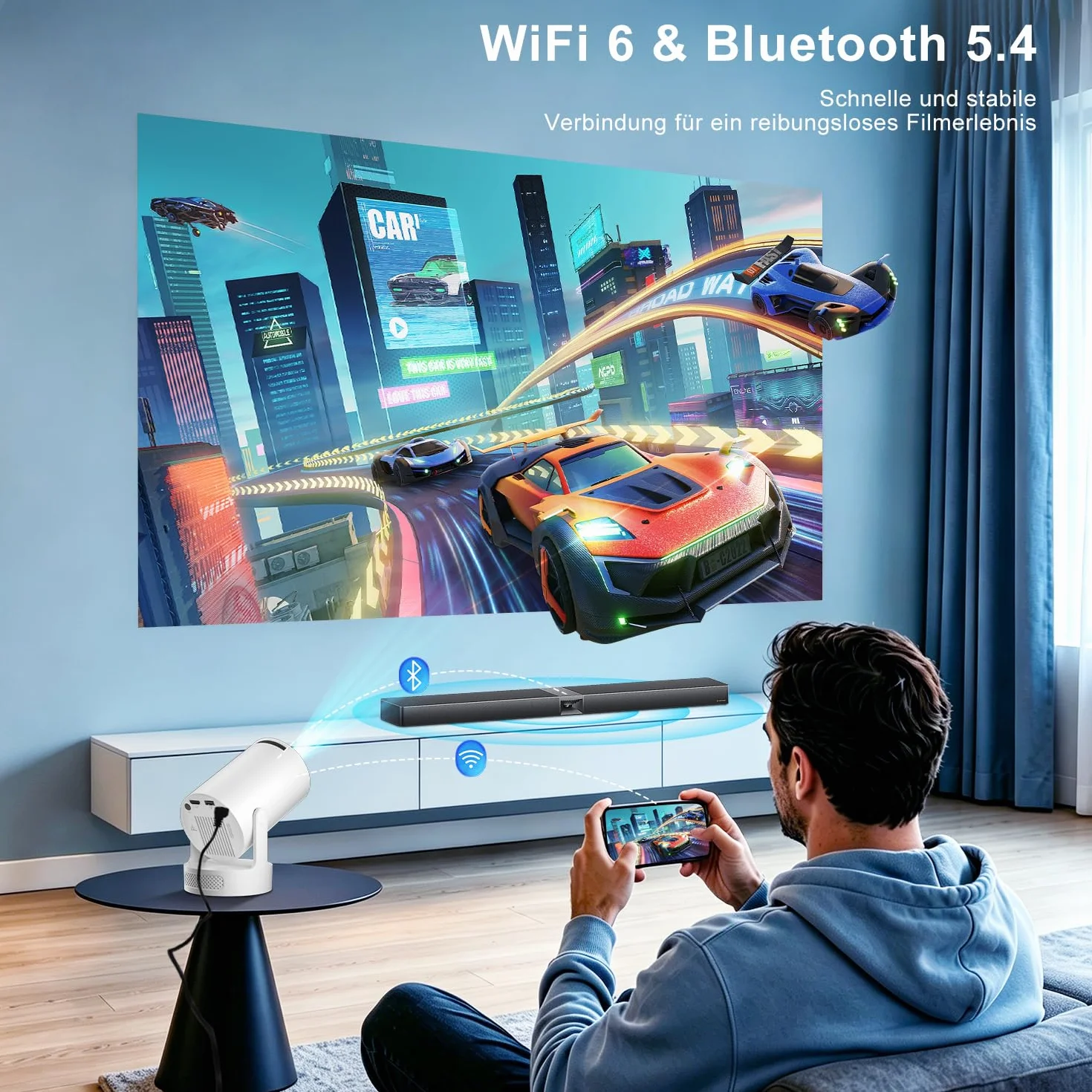 Salange - Projektor HD 720p, Inteligentny Projektor Android 14.0, Wi-Fi 6 (2,4G/5G), BT 5.4, 170 ANSI LM z Automatyczną Korekcją, Kąt 180 stopni, Wideo do Kina Domowego,Biały
