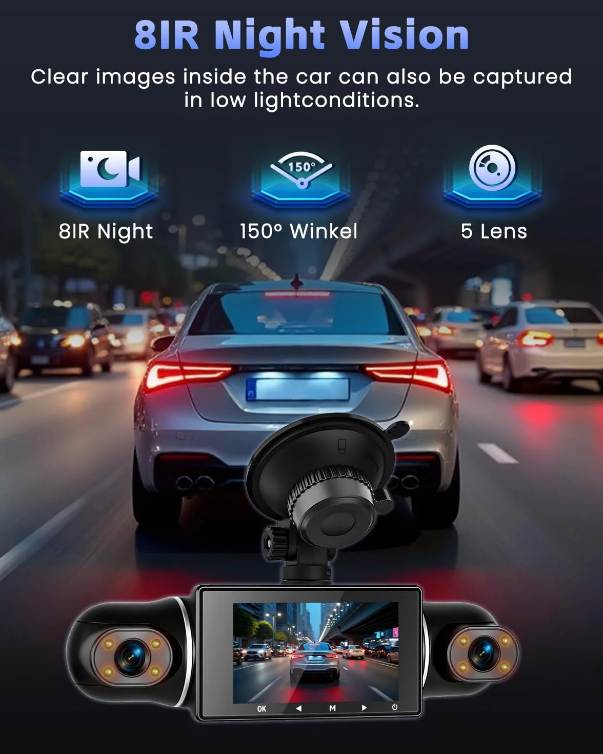 Kamera samochodowa 2K z 5 kamerami, Wi-Fi, noktowizor, nagrywanie 360°, nagrywanie w pętli, monitorowanie parkowania, nagrywanie wypadków, czujnik G, sterowanie aplikacją, noktowizor, kamera samochodo