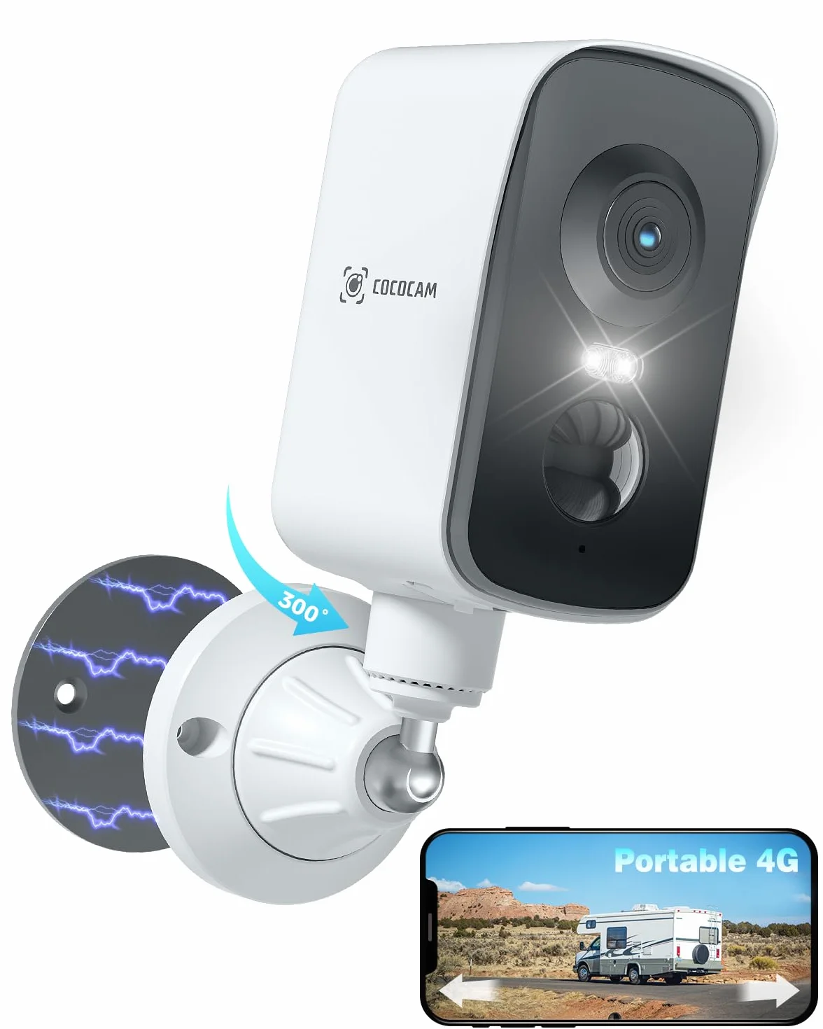 COCOCAM 4G przenośna magnetyczna bezprzewodowa kamera bezpieczeństwa, kamera 2K do wewnątrz/na zewnątrz do kampera/na kemping/podróż, obrót 300°, bateria 10000 Ahm, wykrywanie ludzi PIR(bez WIFI)