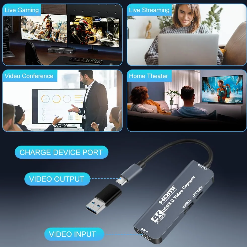 Flintronic Karta do przechwytywania wideo 1080p HDMI na USB/USB C do gier i transmisji