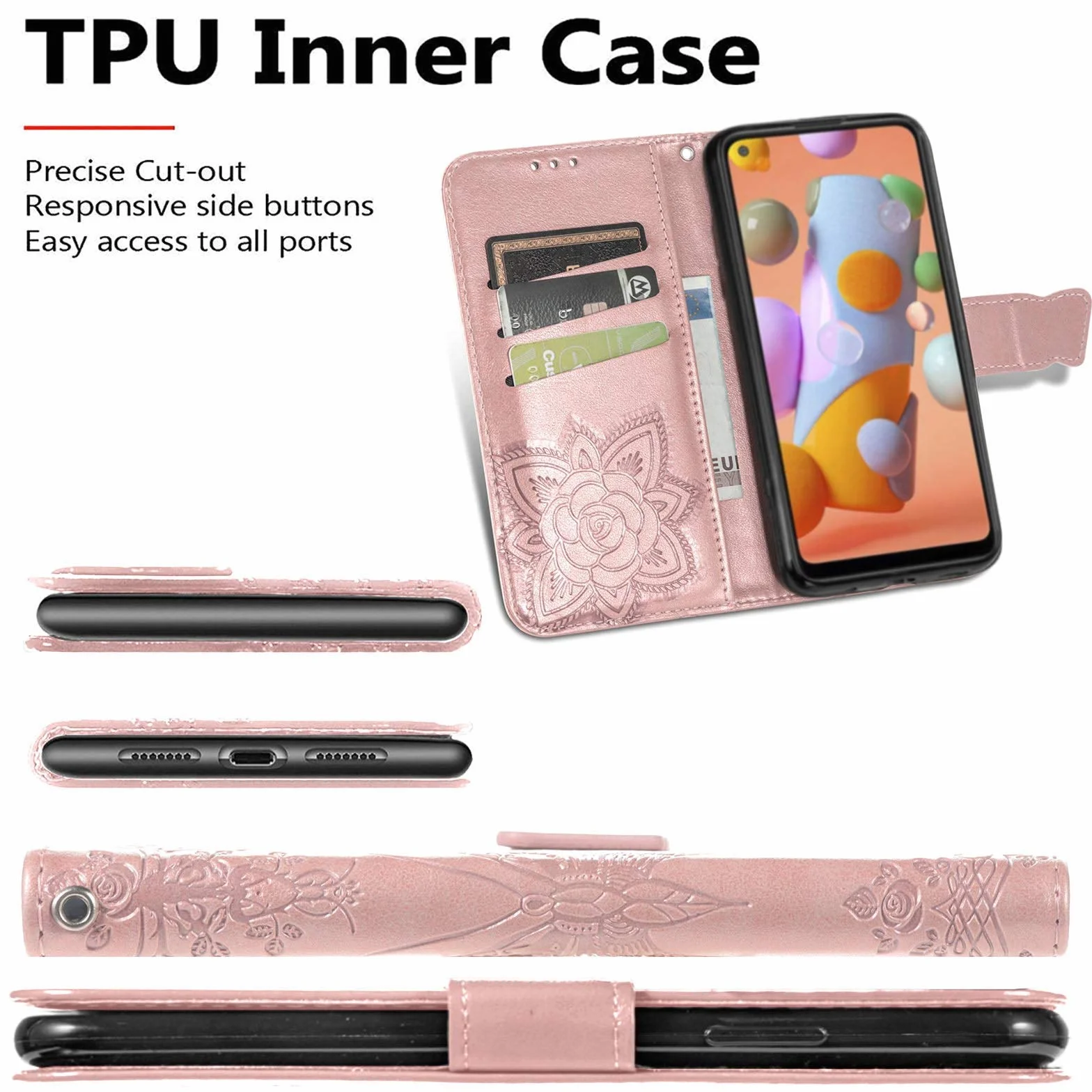 GOKEN Etui na Motorola Edge 40 Neo, pokrowiec z klapką ze skóry TPU/PU, magnetyczne zamknięcie etui na telefon z przegródkami na gotówkę i karty i uroczym wzorem/różowe złoto