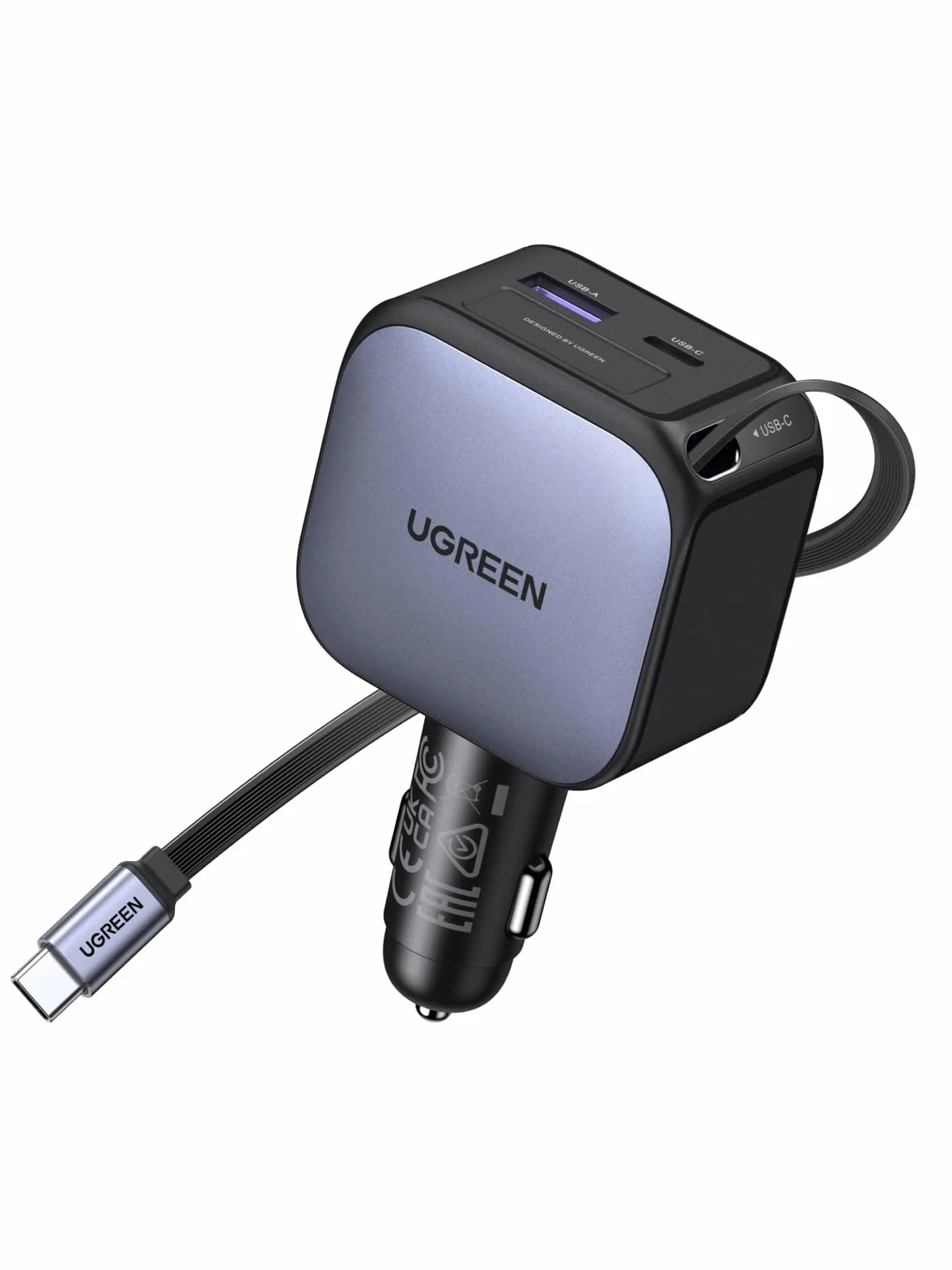 UGREEN 3 w 1 zapalniczka samochodowa 90W chowana ładowarka samochodowa 60W wbudowany kabel USB-C akcesoria samochodowe 12 V zasilacz samochodowy do iPhone 17/16/15, Macbook, Galaxy S25/24, GPS itp