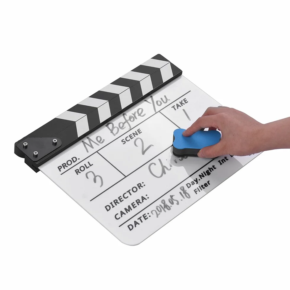 Wakects Profesjonalna Akrylowa Klapsa Clapperboard z Pisakiem i Gumką do Filmów Telewizji Reklam (Biały i czarny kij)