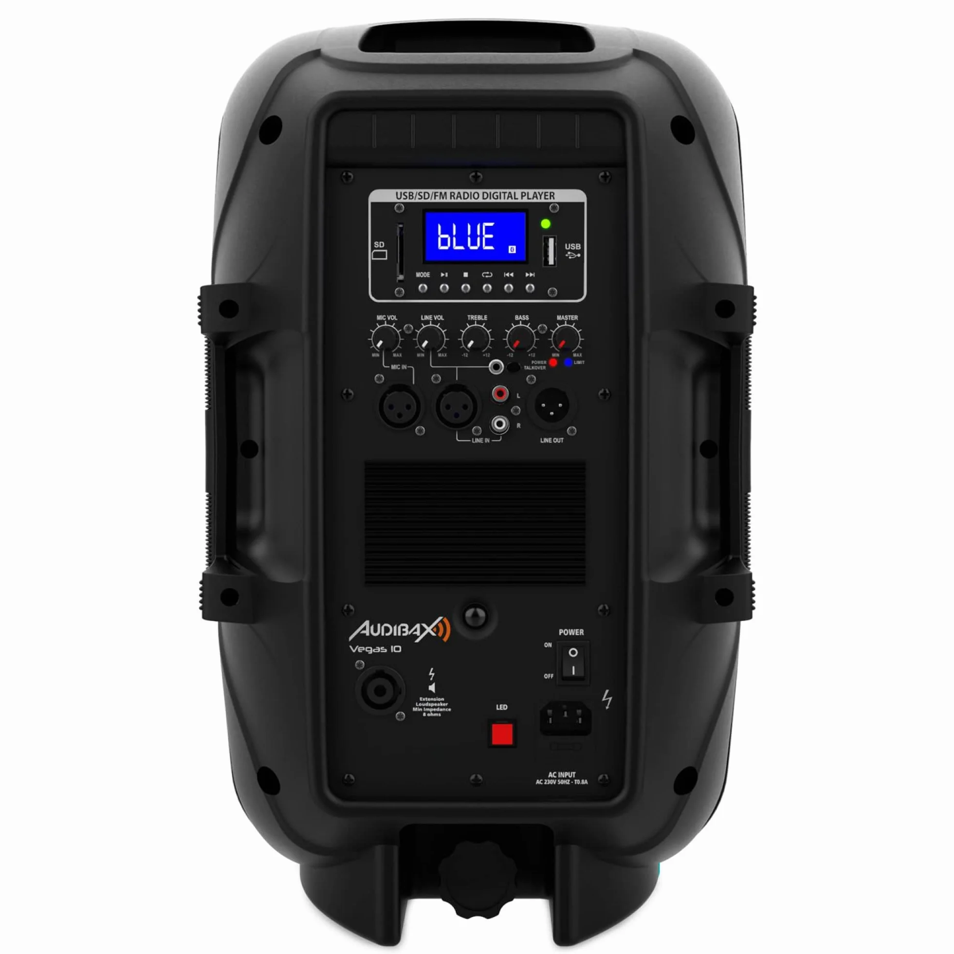 Audibax | VEGAS 10-częściowy głośnik - 10 cali profesjonalny głośnik - 2 możliwości - głośnik Bluetooth z USB/SD - końcówka 250 W - radio FM, kolor czarny - wymiary 300 x 295 x 550 mm
