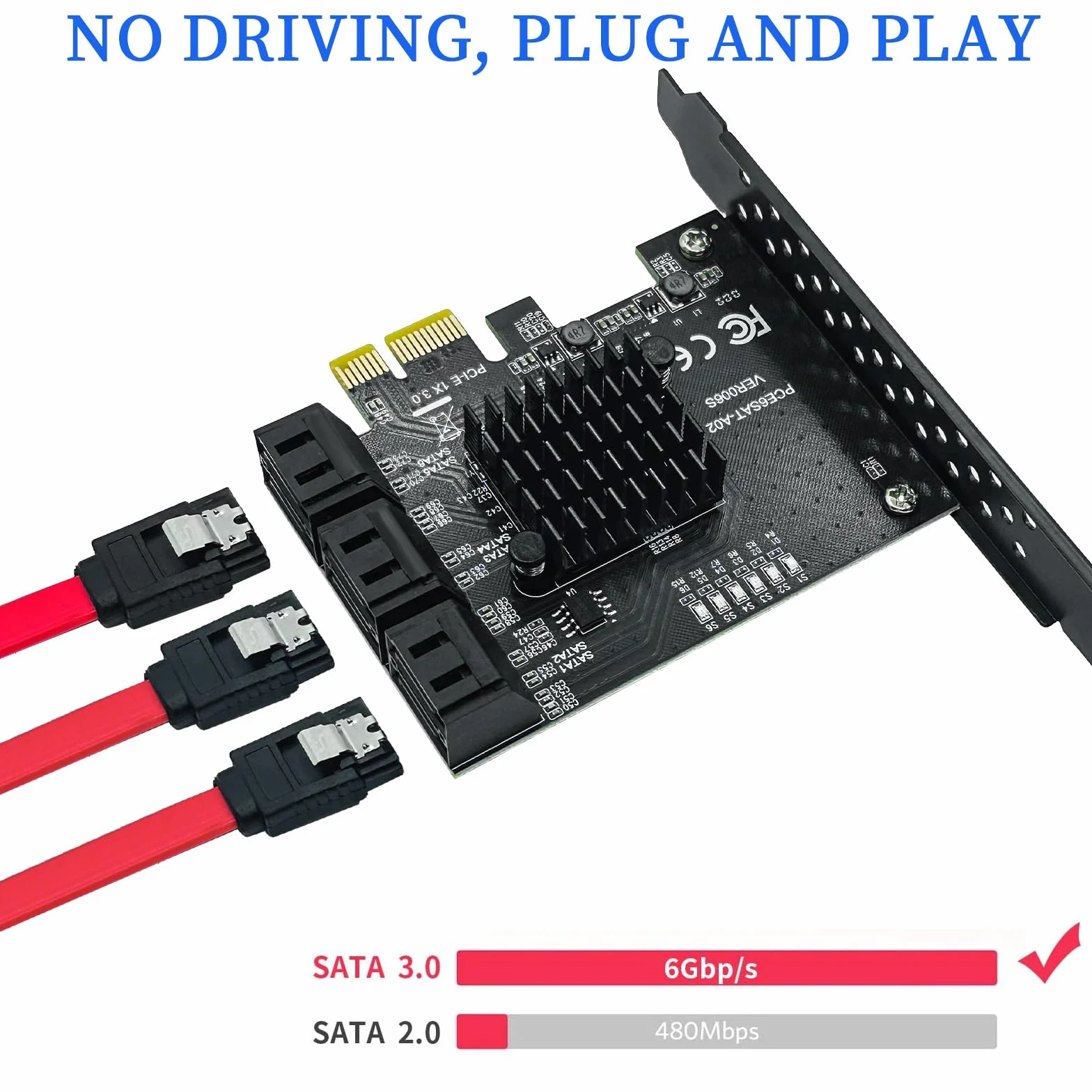 Karta SATA PCIe x1 z 6 portami, kontroler kart rozszerzeń PCIE 3.0 SATA (6 Gbit/s), karta SATA III z 6 kablami SATA, 15-biegunowy kabel rozdzielający zasilanie SATA do Windows, Mac OS, systemu Linux