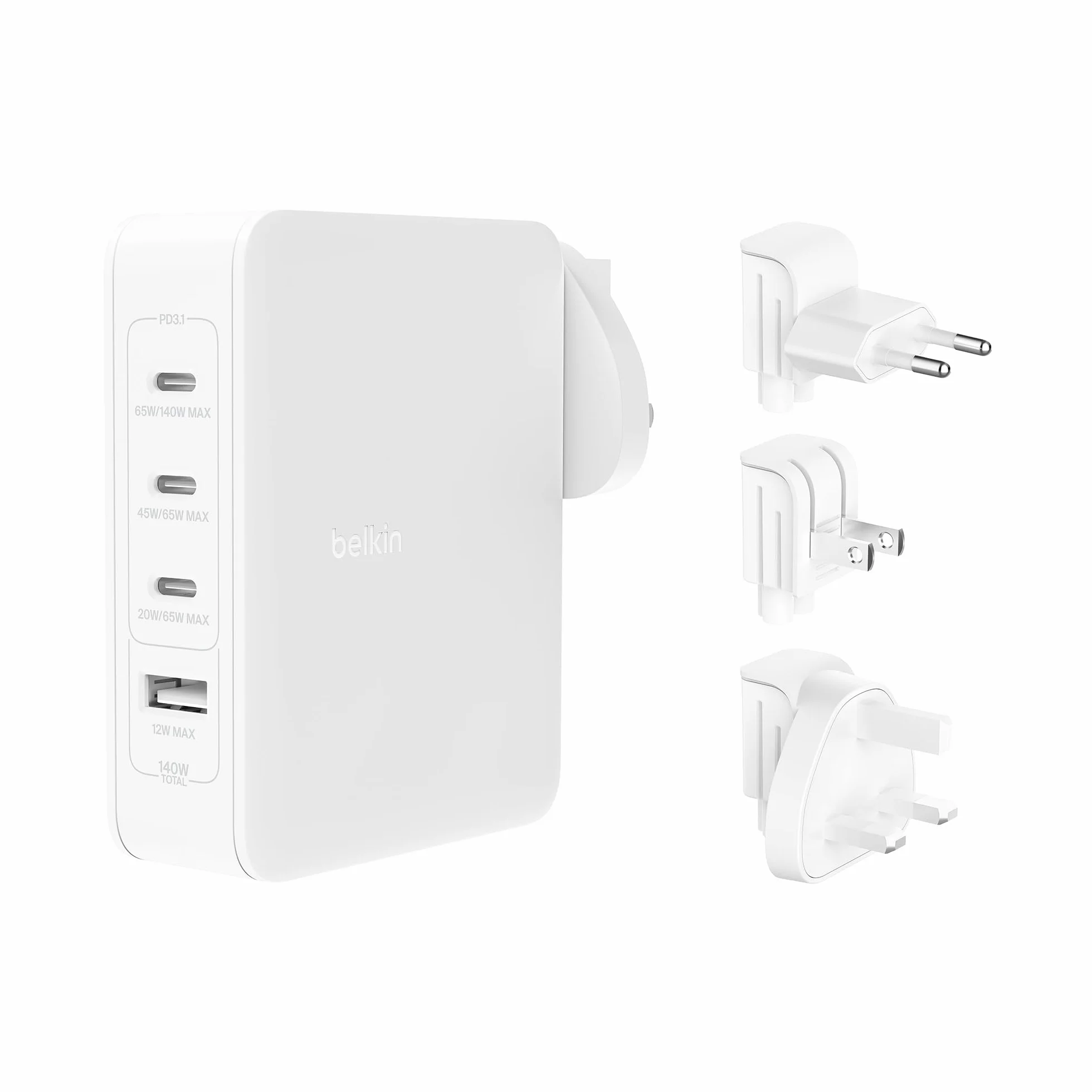 4-portowa ładowarka sieciowa GaN Belkin 140 W, ładowarka podróżna z szybkim ładowaniem USB-C Power Delivery i portem USB-A do iPhone'a, Samsunga Galaxy, Google Pixel, iPada, MacBooka, laptopa, tabletu