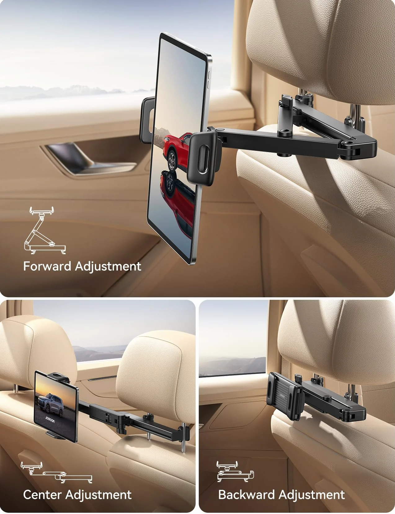 JOYROOM Samochodowy uchwyt na tablet [stabilizująca trójkątna struktura] uchwyt samochodowy na iPad z podwójnym stelażem, składane ramię, uchwyt na tablet i zagłówek samochodowy do iPada/Switch