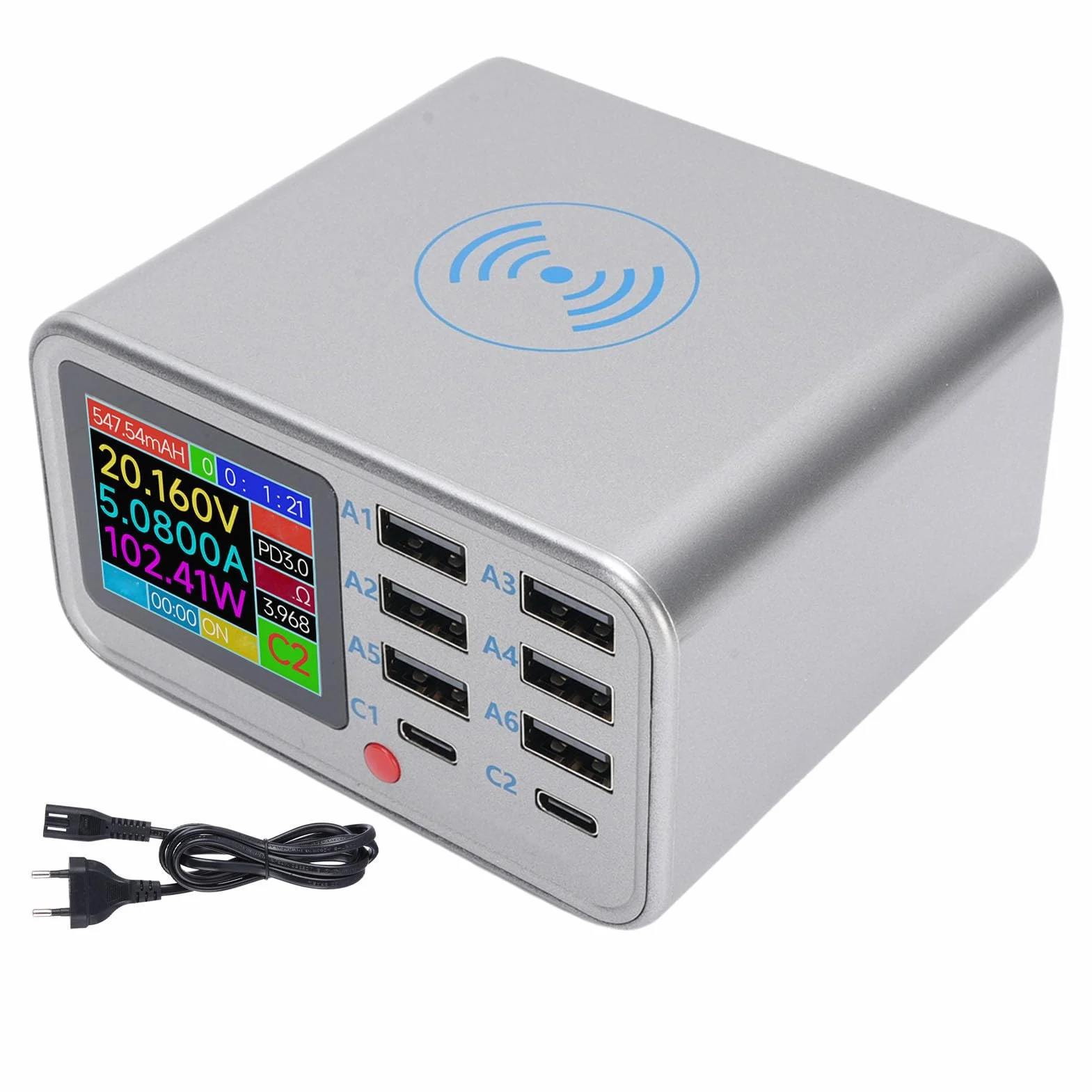 Cuifati Stacja ładowania Bezprzewodowego USB, Stacja ładowania 100W 8 Port Hub Block Cube, QC3.0 PD Szybka ładunek i Wyświetlacz Cyfrowy dla Tabletu Telefonu (przepisy europejskie)