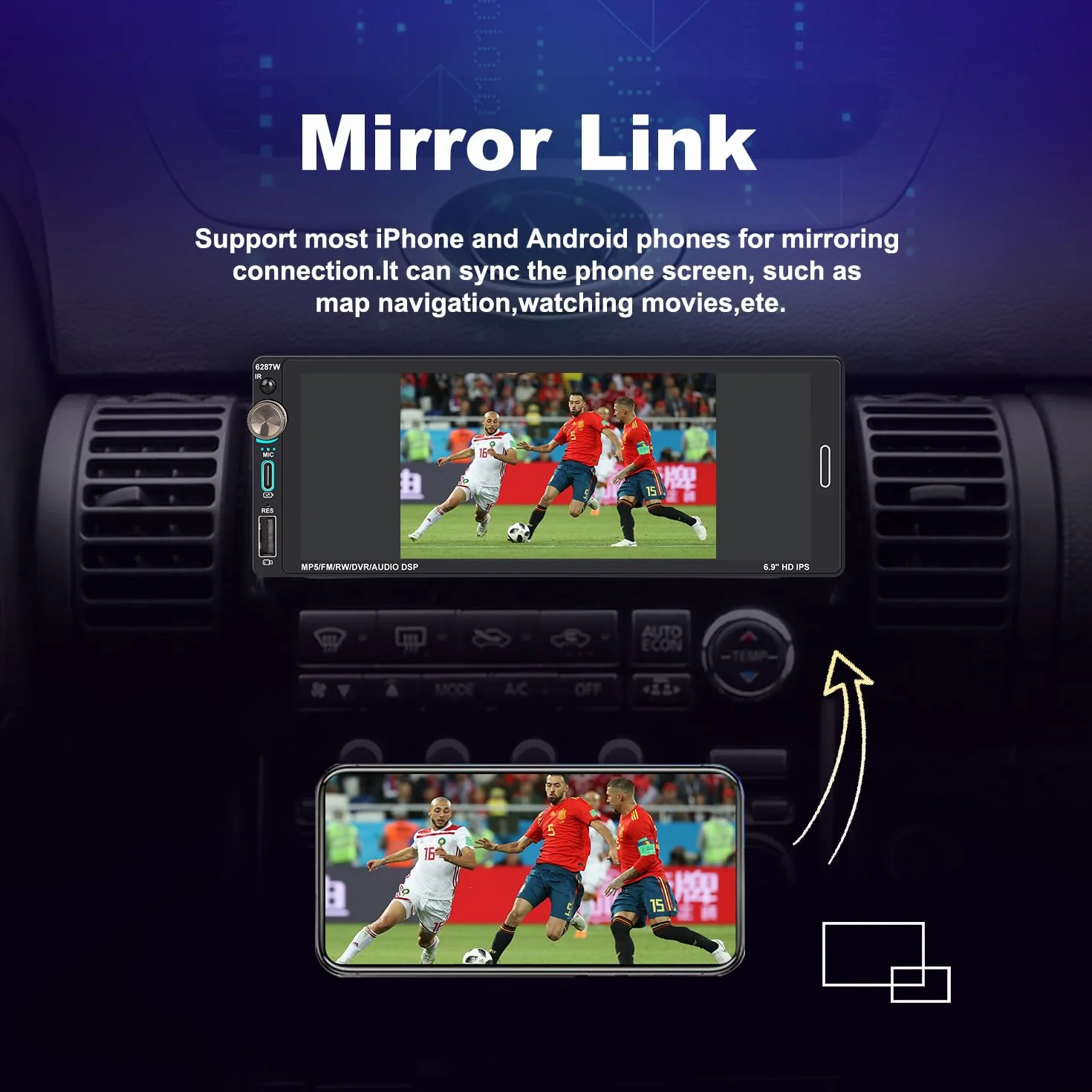 Radio samochodowe 1 DIN z ekranem (6,9 cala) kompatybilne z Apple CarPlay [bezprzewodowe] /Android Auto Bluetooth FM/RDS Radio USB (typ C szybkie ładowanie 2,1 A), kamera cofania