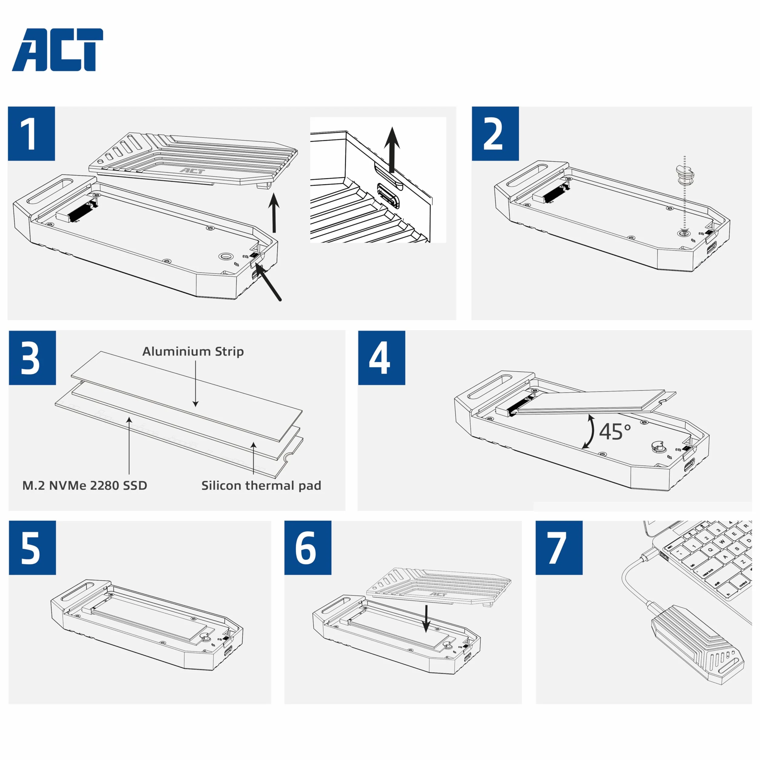 ACT Obudowa USB4 M.2 NVMe SSD, M.2 2280 NVMe/PCIe z M-Key lub B+M-Key, 40 Gb/s, beznarzędziowa, aluminiowy radiator, typ C - AC1625