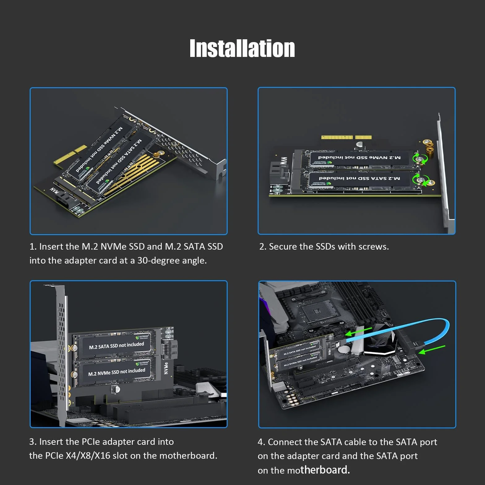 GLOTRENDS PA12 Adapter M.2 PCIe dla jednego dysku M.2 NVMe SSD i jednego dysku M.2 SATA SSD