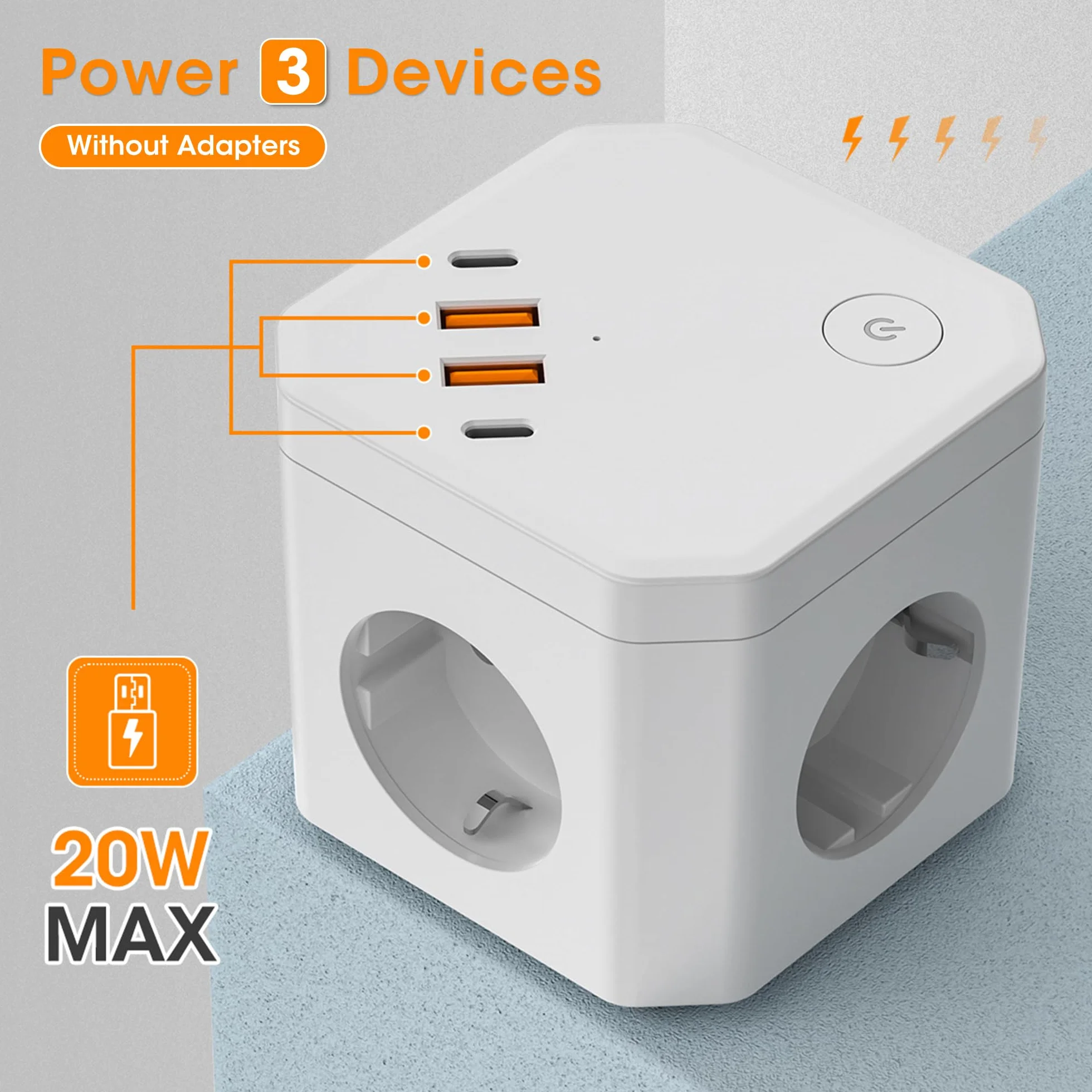Listwa zasilająca 8 w 1 z 4 gniazdami USB, szybkim ładowaniem USB C 20 W, zabezpieczeniem przeciwprzepięciowym, mocą 4000 W i kablem przedłużającym 2M