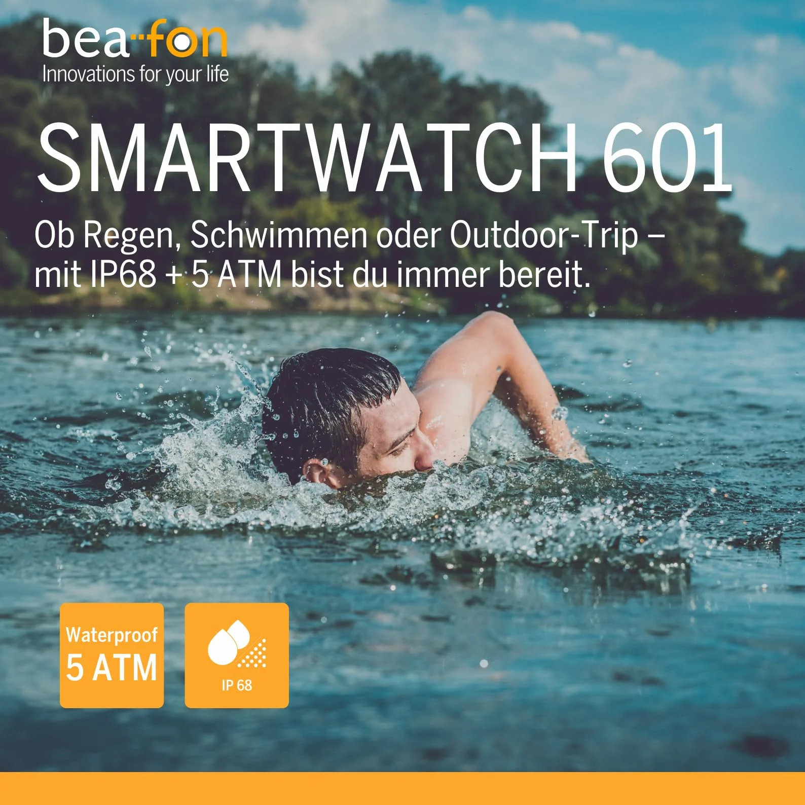 Beafon, Smartwatch 601, zegarek na rękę, wyświetlacz AMOLED 3,63 cm, szkło panda, kompas, wysokościomierz, IP68, 5ATM, tryb sportowy, tętno, tlen we krwi, krokomierz, połączenia Bluetooth, GPS