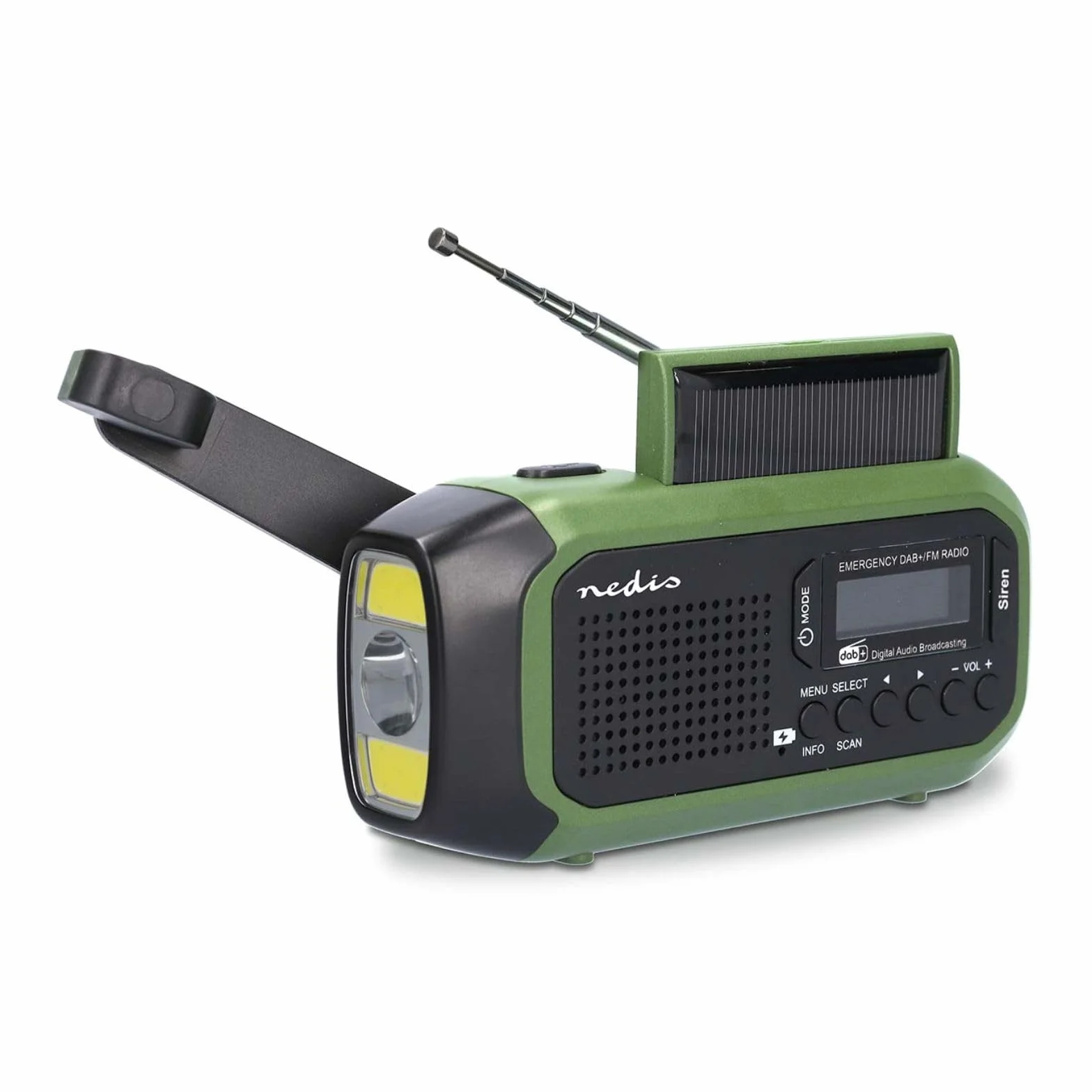 Radio awaryjne – wersja przenośna – DAB+/FM – zasilanie bateryjne/korba ręczna/zasilanie energią słoneczną/zasilanie przez USB – budzik – zielony/czarny