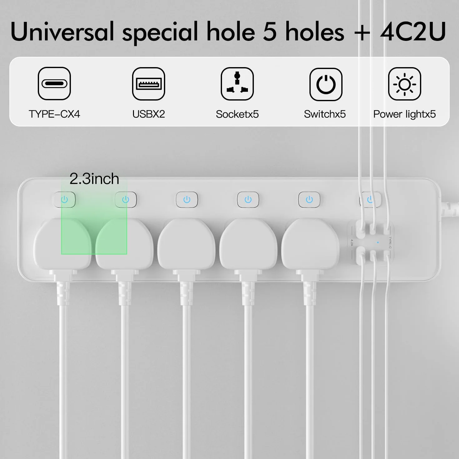 Listwa zasilająca uniwersalna z pojedynczym przełącznikiem, 5 uniwersalnych gniazd, maks. 3250 W, kabel sieciowy 1,8 m, 4 x 20 W USB-C i 2 x USB-A, listwa zasilająca z USB C, biała