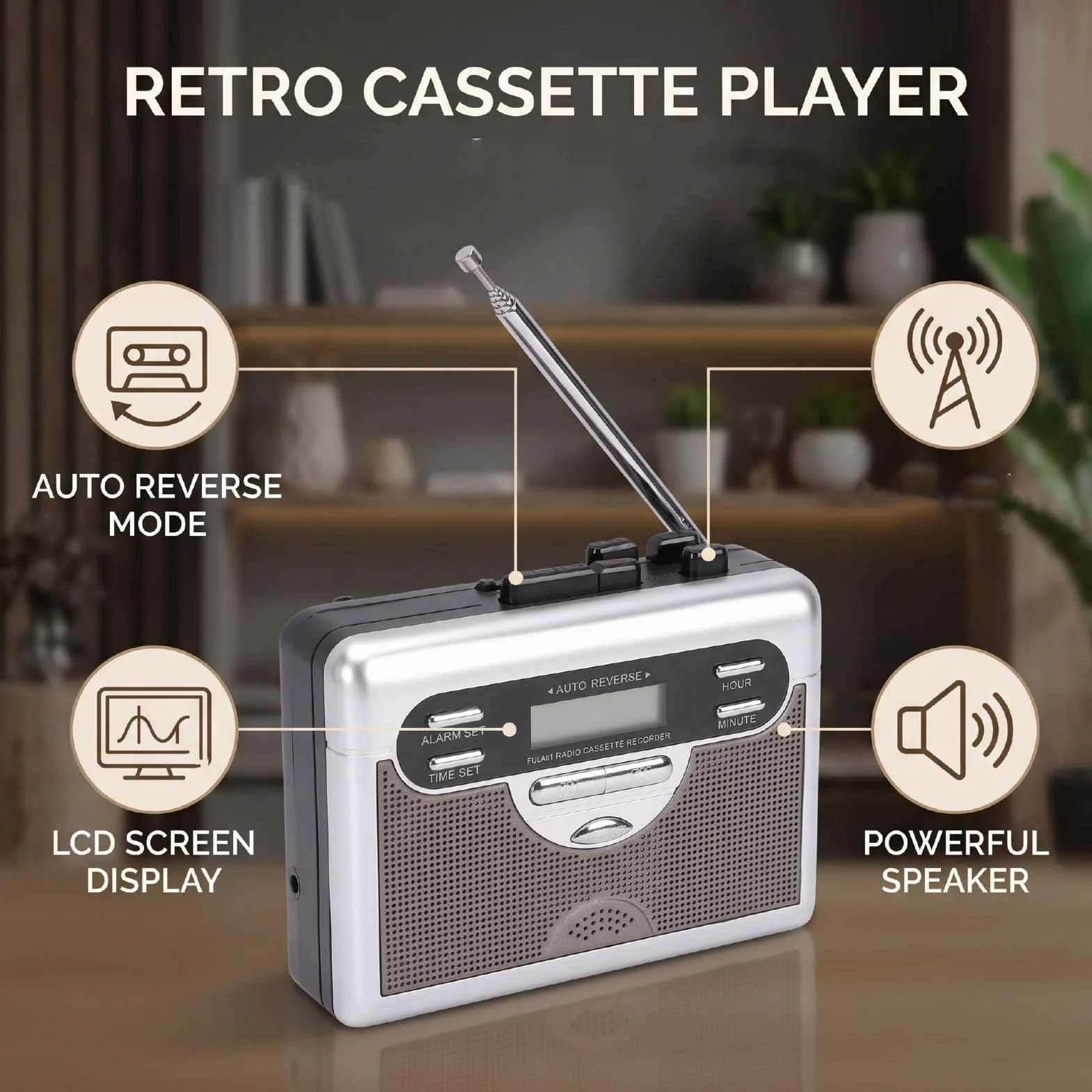 Sxhlseller Odtwarzacz Kasetowy z Radiem AM/FM, Retro Odtwarzacz Taśmowy z Automatycznym Przewijaniem, Vintage Urządzenie Audio z Ekranem LCD i Gniazdem Słuchawkowym 3,5 Mm do Nagrywania