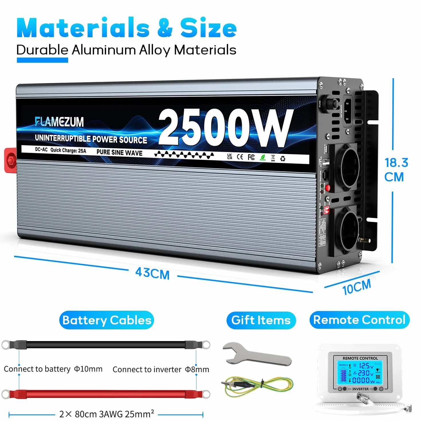 UPS falownik 12 V 220 V czysta fala 2500 W z ładowarką 30 A, obwodem priorytetowym, pilotem LCD, falownikiem do nieprzerwanego zasilania, akwarium