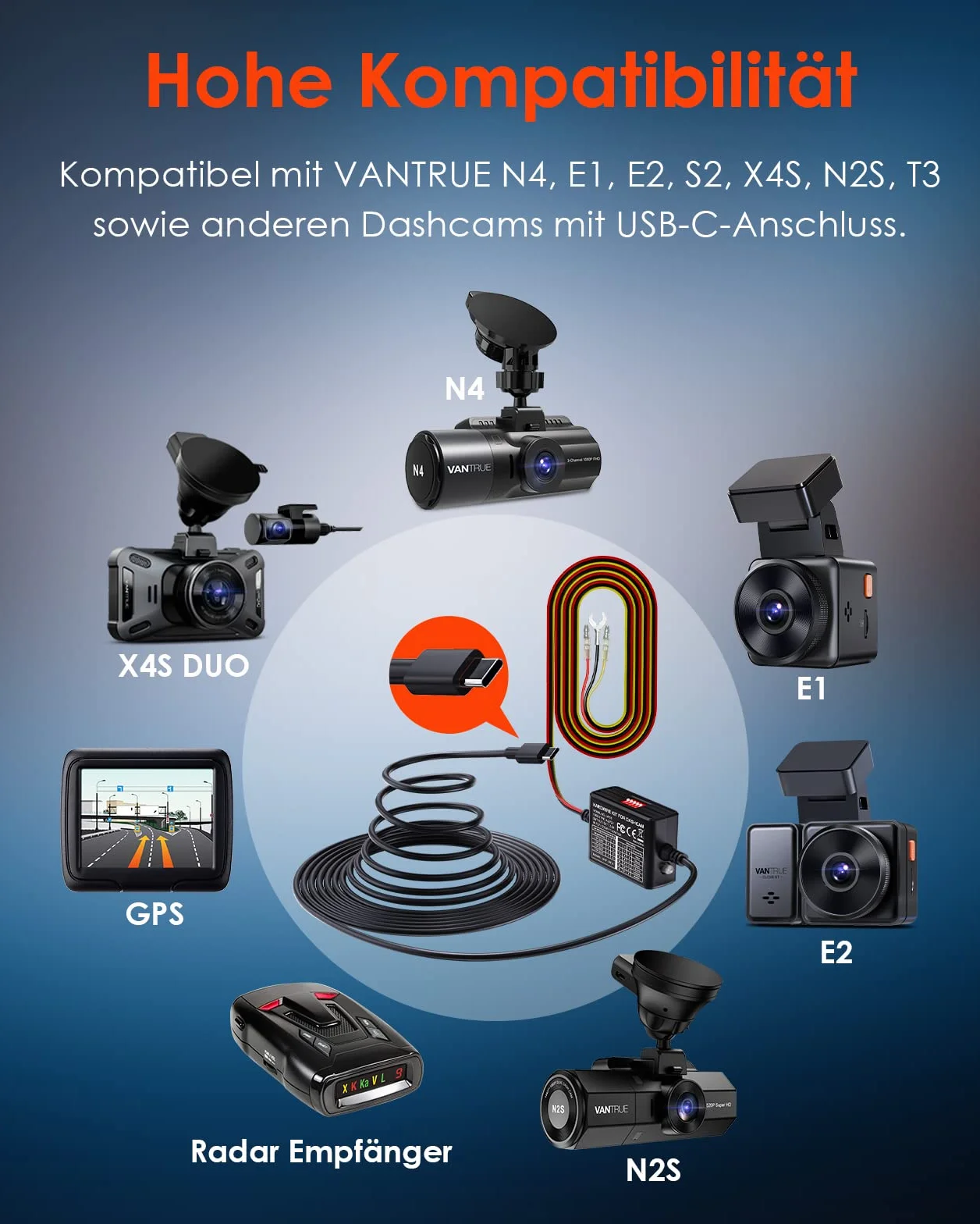 VANTRUE 5 poziomów 11,5 ft USB-C Hardwire Kit z Acc do wszystkich kamer na deskę rozdzielczą, 6 ustawień czasu nagrywania, 12-24 V do 5 V, tryb parkowania 24 h, kompatybilny z kamerą na deskę