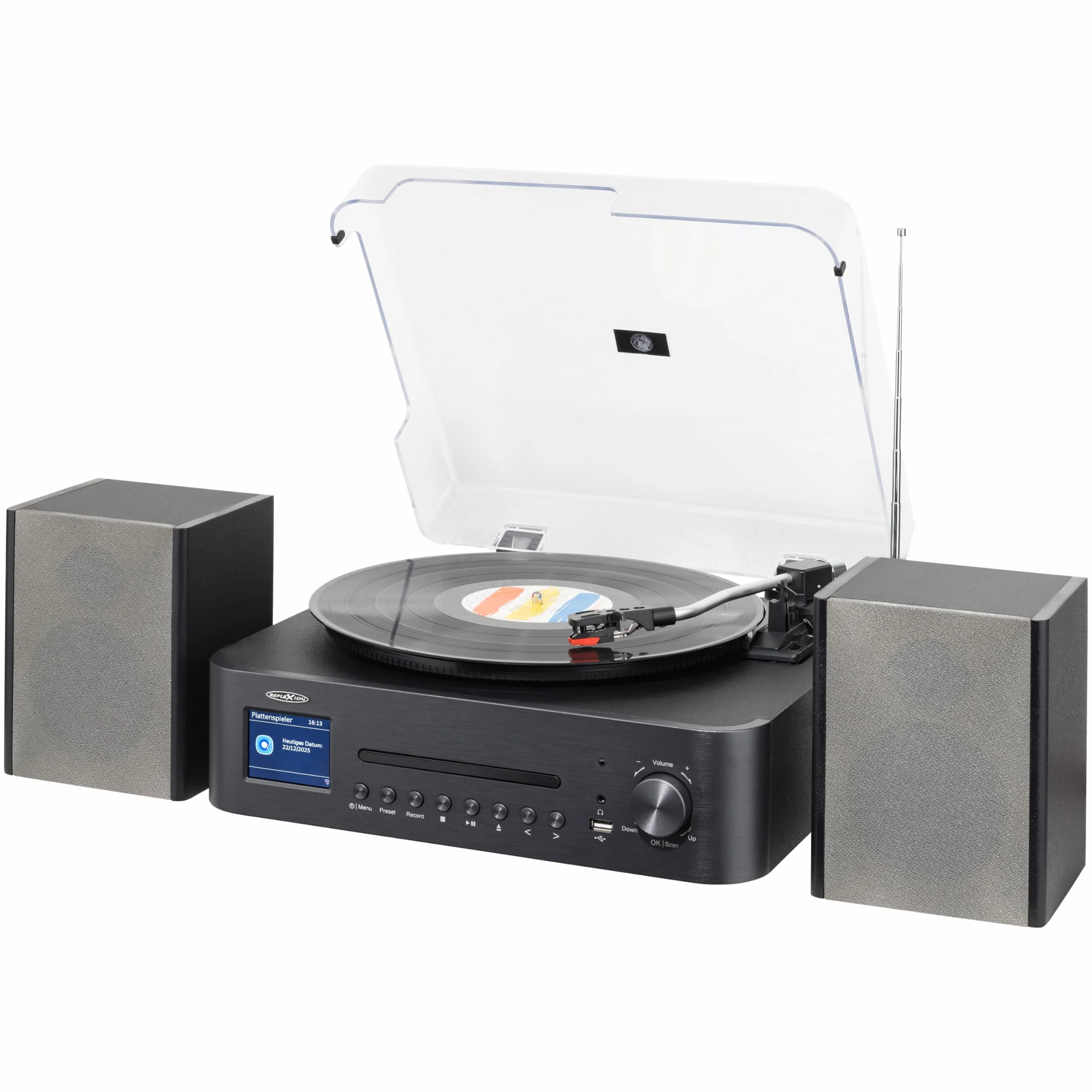 Reflexion Gramofon z głośnikiem i wi-fi; retro system HiFi z DAB+, radio internetowe, Bluetooth, CD, nagrywanie MP3 USB, kolorowy wyświetlacz, budzik i timer snu – kompletny system z pilotem zdalnego