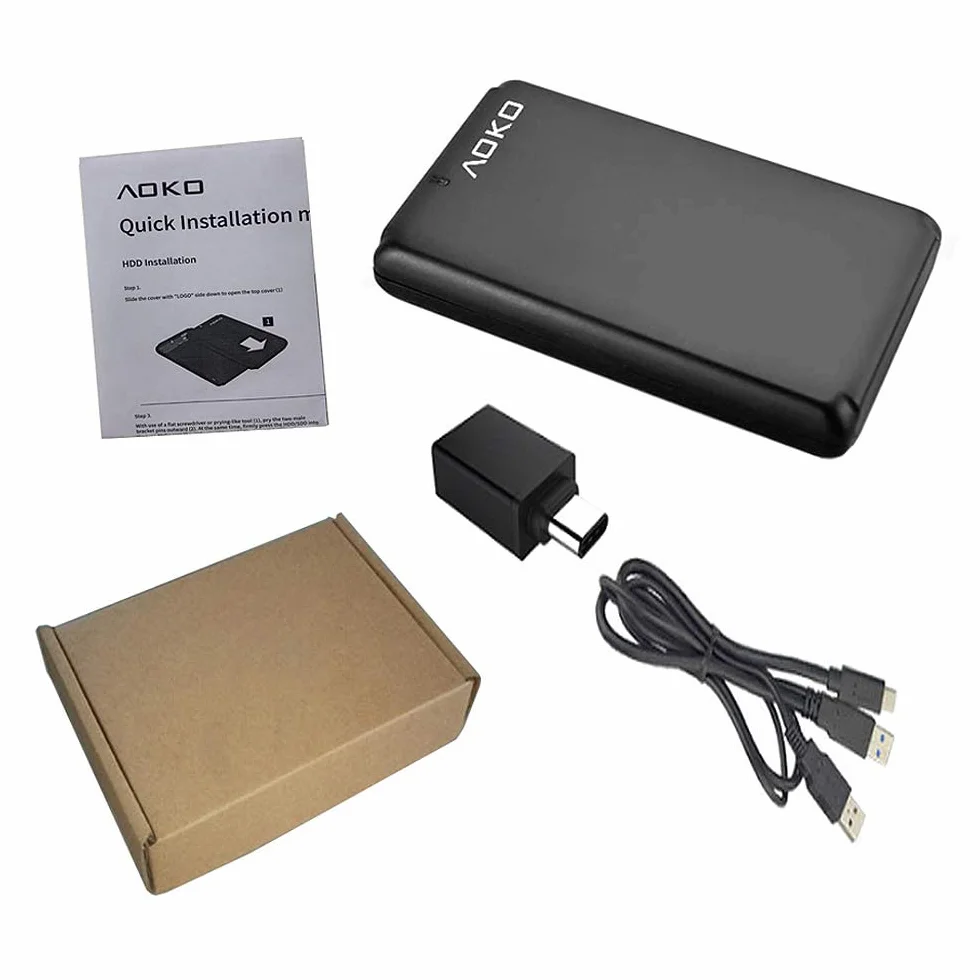 AOKO Obudowa dysku twardego SATA USB C 3,1 do 2,5" 7 mm do 15 mm (do grubości 15 mm), przenośny beznarzędziowy konwerter obudowy dysku twardego z podwójnym kablem USB-A na C Y i adapterem