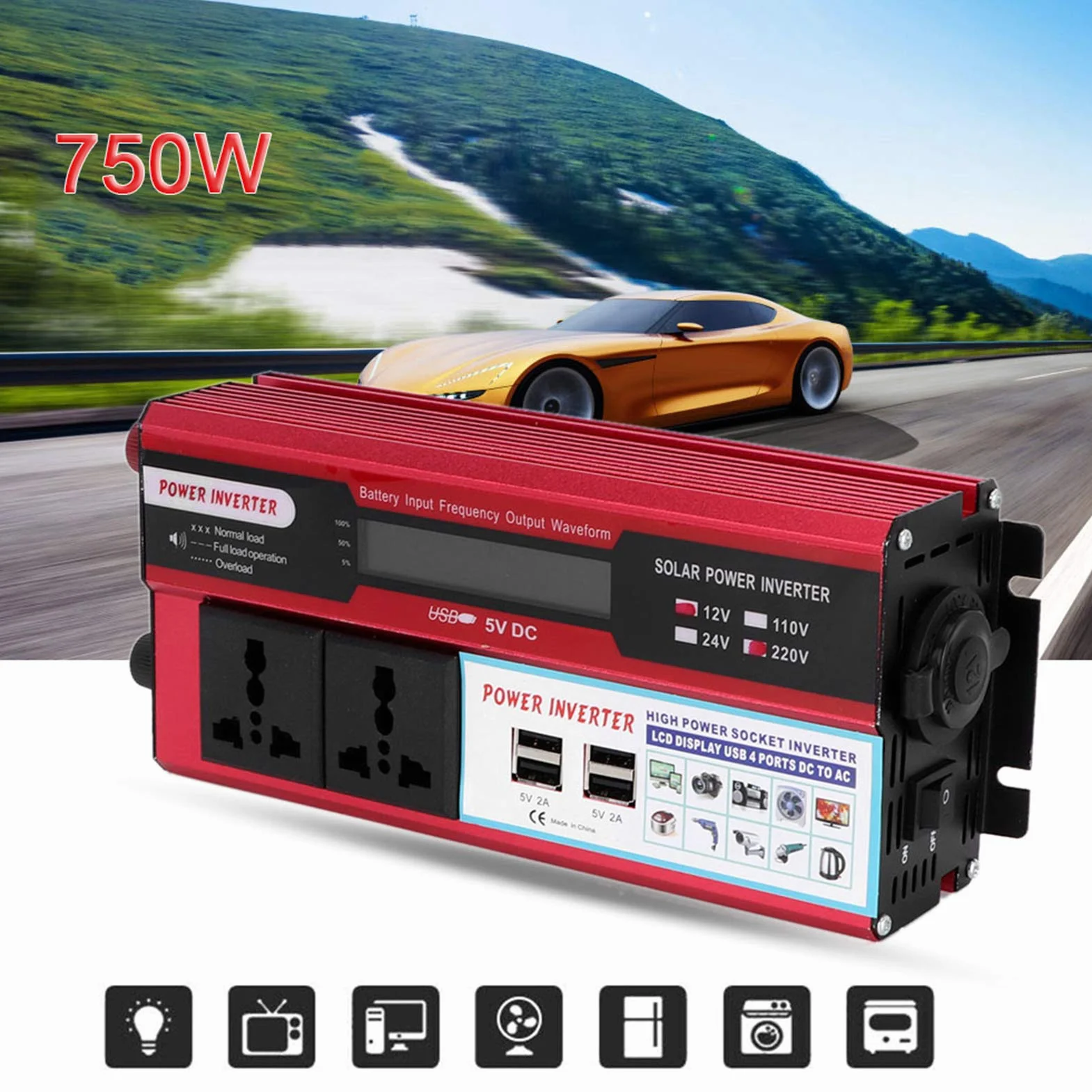 Konwerter Mocy 750 W do Samochodu z Wyświetlaczem Cyfrowym Inwerter Solarny do ładowania Telefonów i urządzeń USB Przenośny Inwerter Podróży na Zewnątrz i Zasilania Awaryjnego