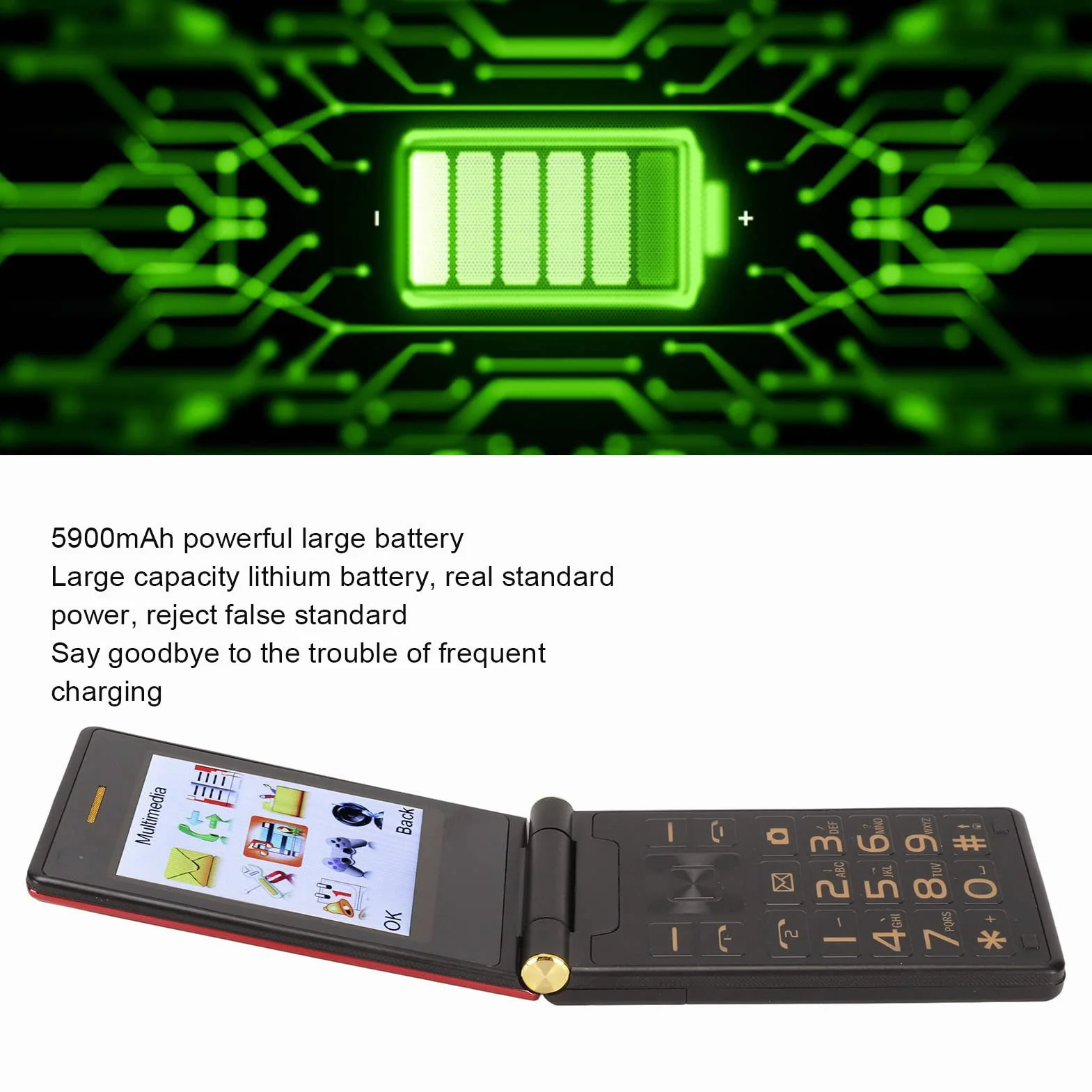 Odblokowany Telefon Komórkowy Flip dla Seniorów, 2G SOS Big Button Telefon Komórkowy z 2,8-calowym Wyświetlaczem LCD i dużą klawiaturą, 5900mAh Długi Tryb Czuwania, 32MB Pamięci (Czerwony)